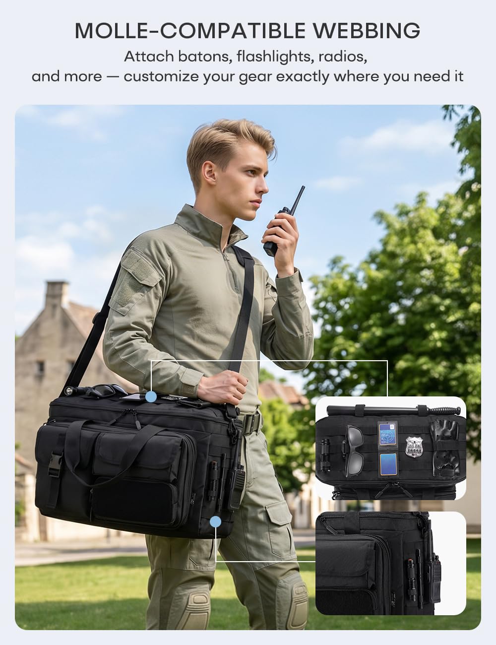 Bolsa Táctica MOLLE Policía, Organizador Coche Asiento con Portátil 15.6" | 3-en-1: Organizador de Coche, Bolsa Táctica y Mochila de Hombro. MOLLE para Linterna y Radio. Oxford Material Impermeable.