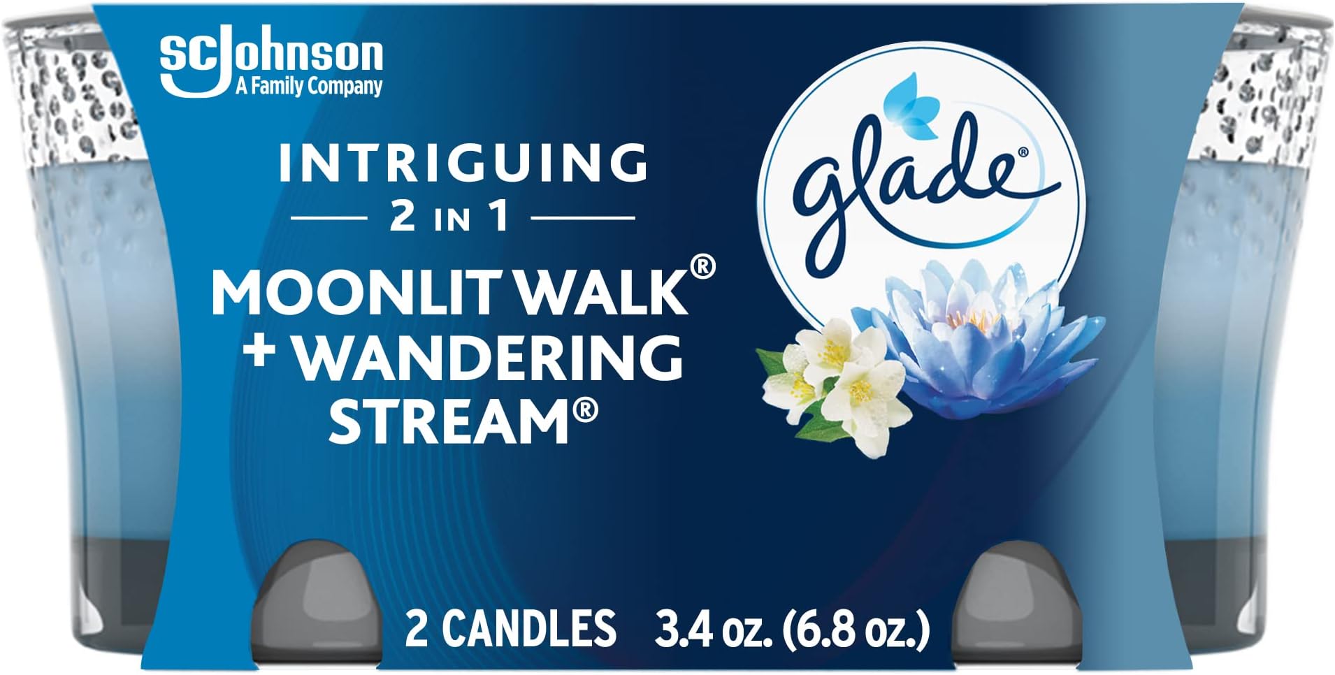 Glade Candle Jar, Air Freshener, 2in1, Moonlit Walk & Wandering Stream, 3.4 Oz, 2 Count