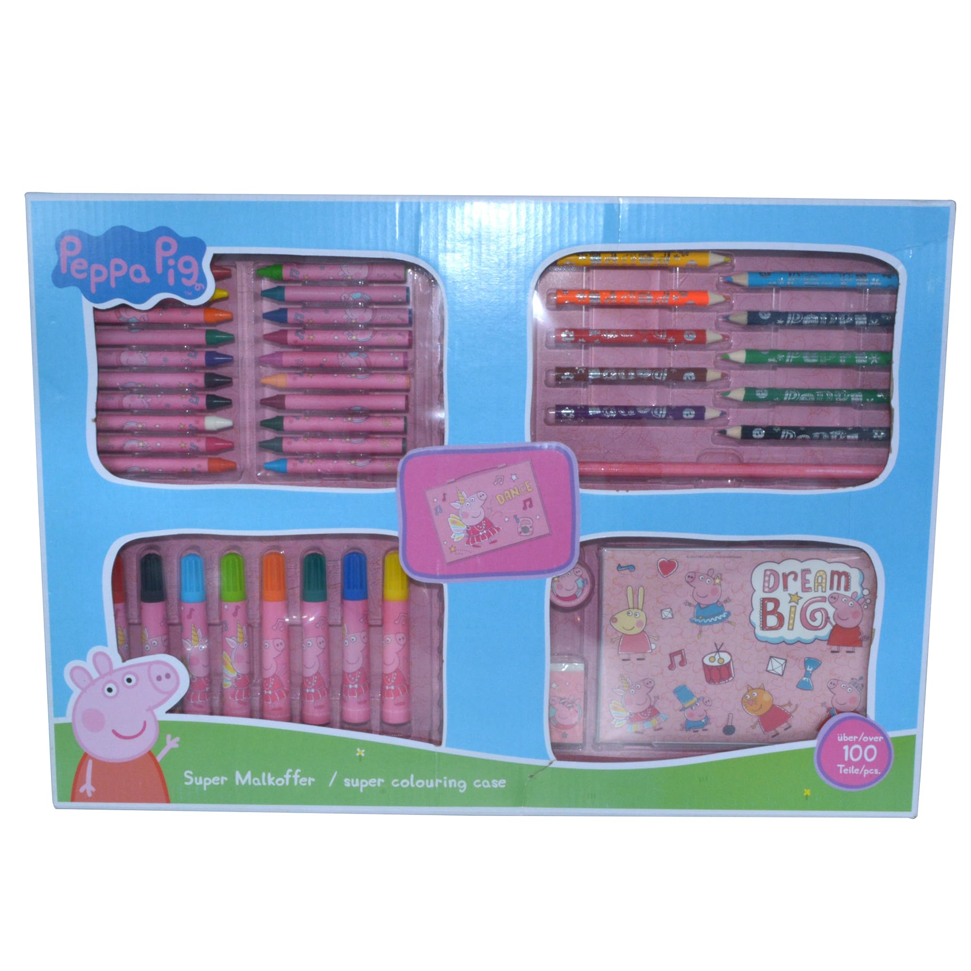 HOX Peppa Pig 100+ Piece Colouring Set for Kids – Includes 10 Mini Coloured Pencils, 20 Crayons 8 Markers Pencil Eraser Sharpener 4 Colouring Templates 15 Colourful Sheets