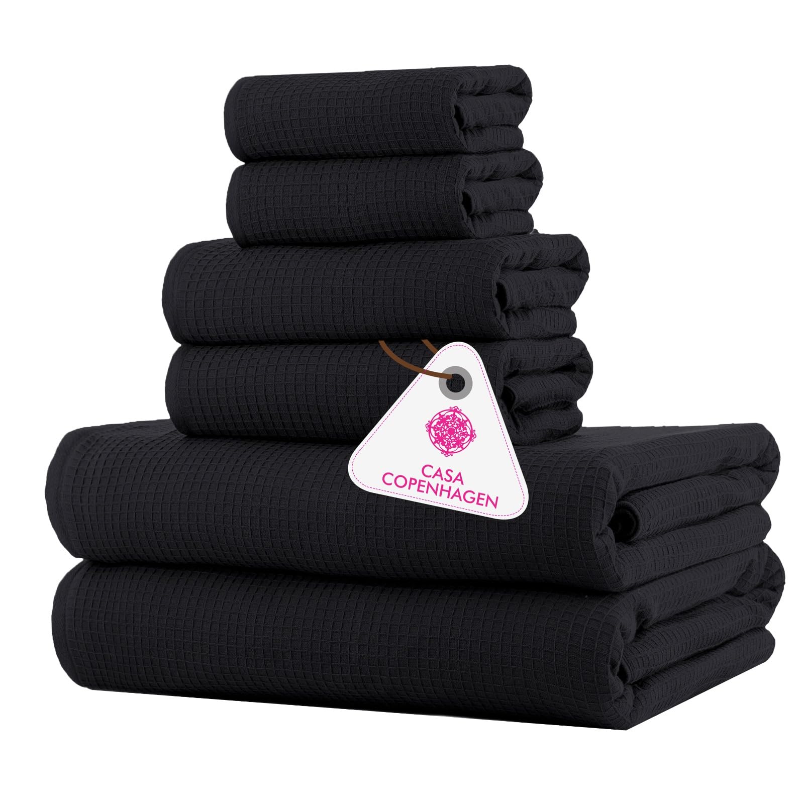 Casa Copenhagen Coal Black Waffle Terry 6-Piece Set, Cotton, Extra Large, Luxurious, Black, 2 Bath Towels Xl, 70X140 Cm, 2 Large Hand Towels, 50X80 Cm, 2 Large Washcloths, 40X40 Cm