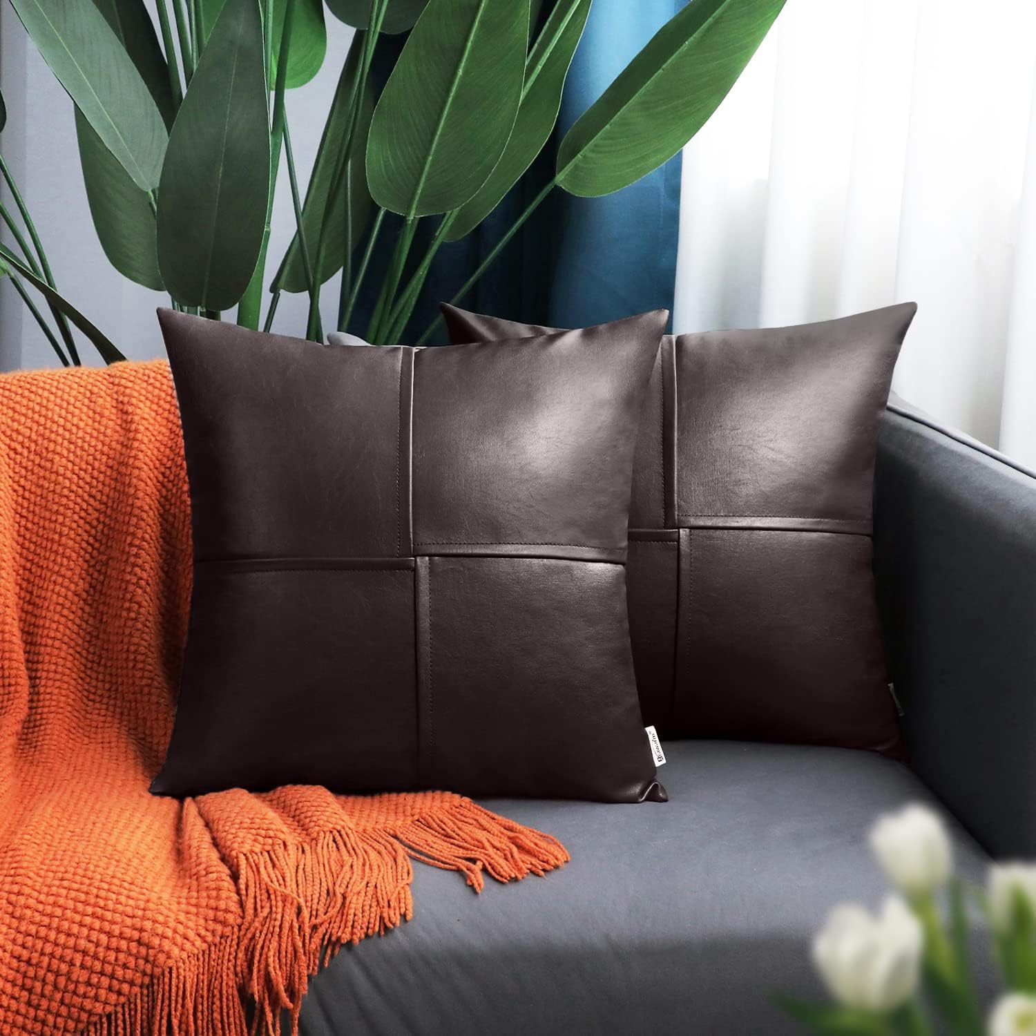 BRAWARM Faux Leather Throw Pillow Covers 22 X 22 Inches, Seal Brown Leather Pillow Covers Pack of 2, Hand Stitched Leather Decorative Throw Pillows for Couch Sofa Bed Living Room Home Garden