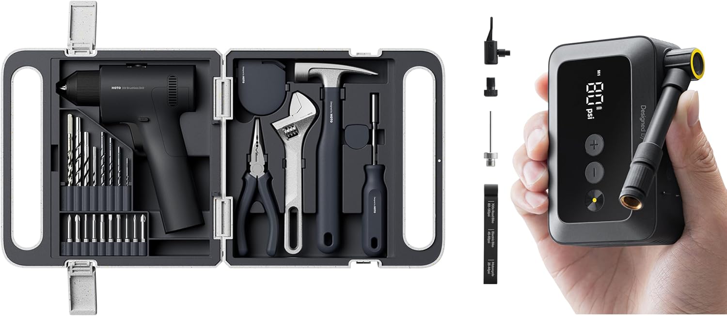 HOTO 25PCS Household Tool Kit with 16V Brushless Drill + HOTO Mini Bike Tire Pump