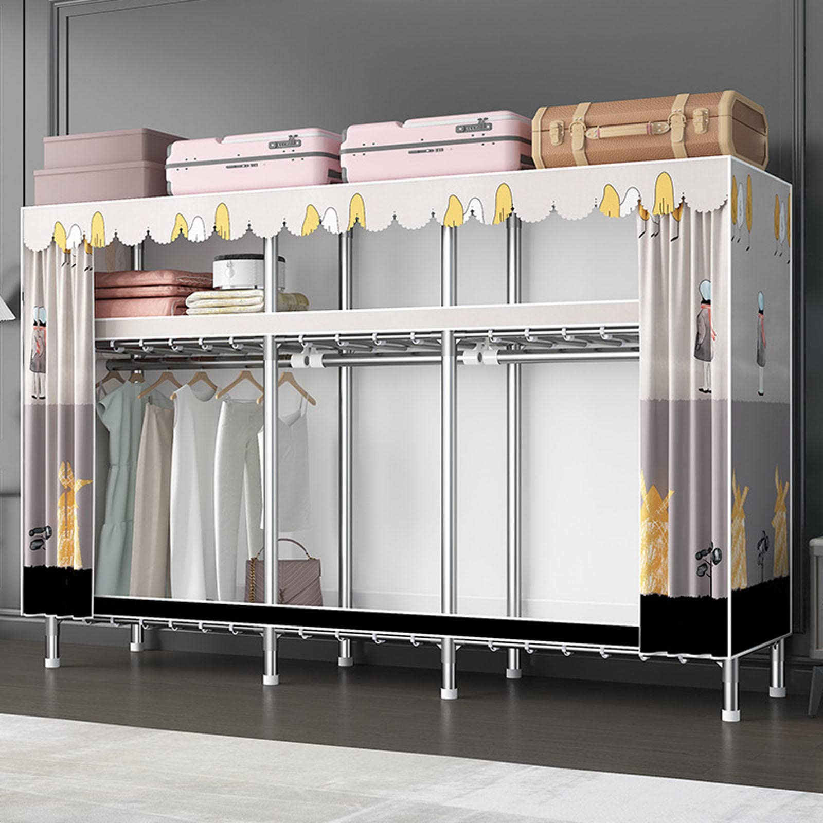 Kleiderschrank Tragbare Kleiderschrankregale mit Kleiderstange, Regale, Kleiderschrank-Aufbewahrungsorganisator für Schlafzimmer, Wohnzimmer,C-222x45x169cm