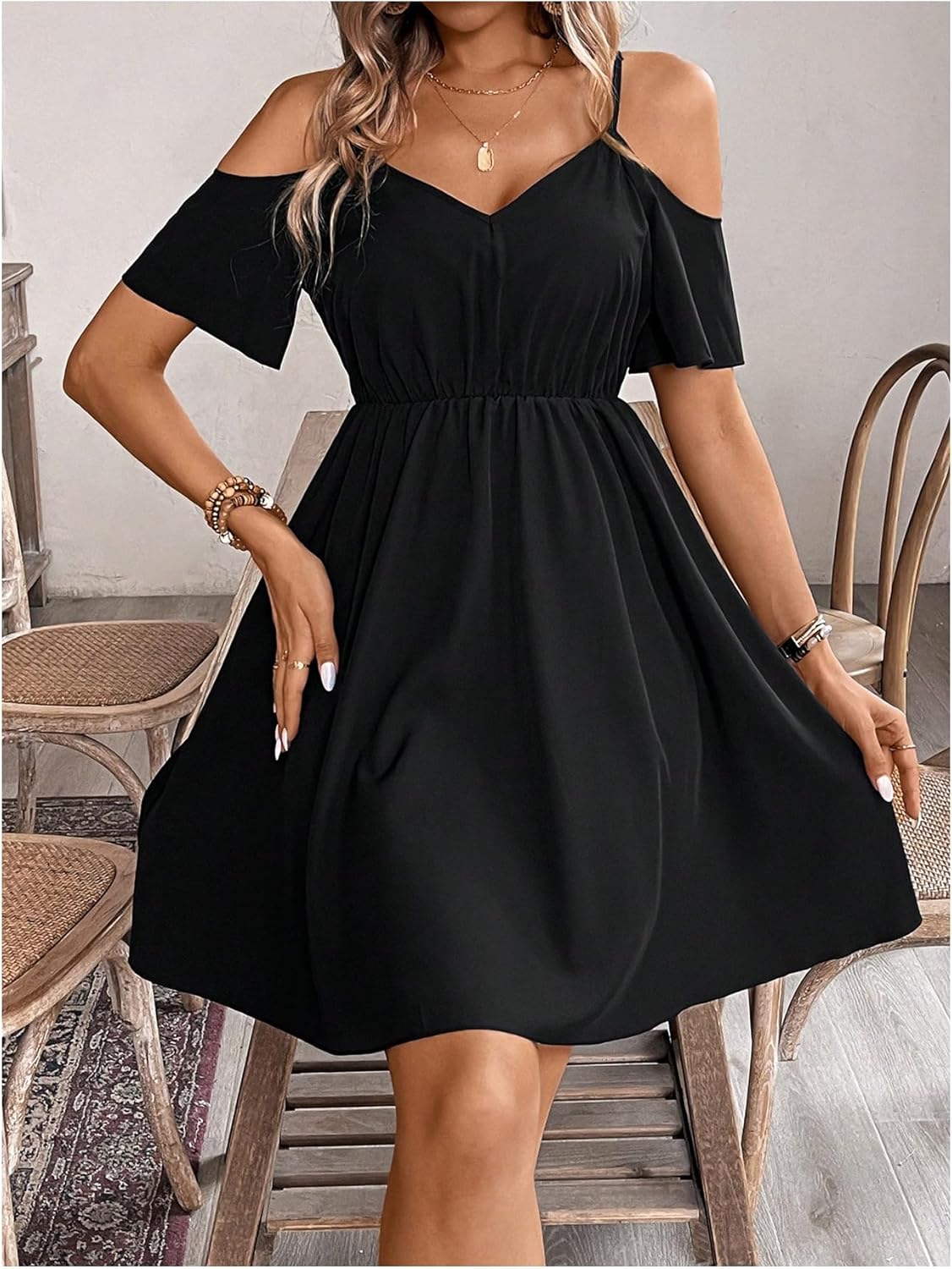 SweatyRocks Women's Ruffle Cold Shoulder Dress Cut Out Short Sleeve A Line Summer Dresses - Image 5