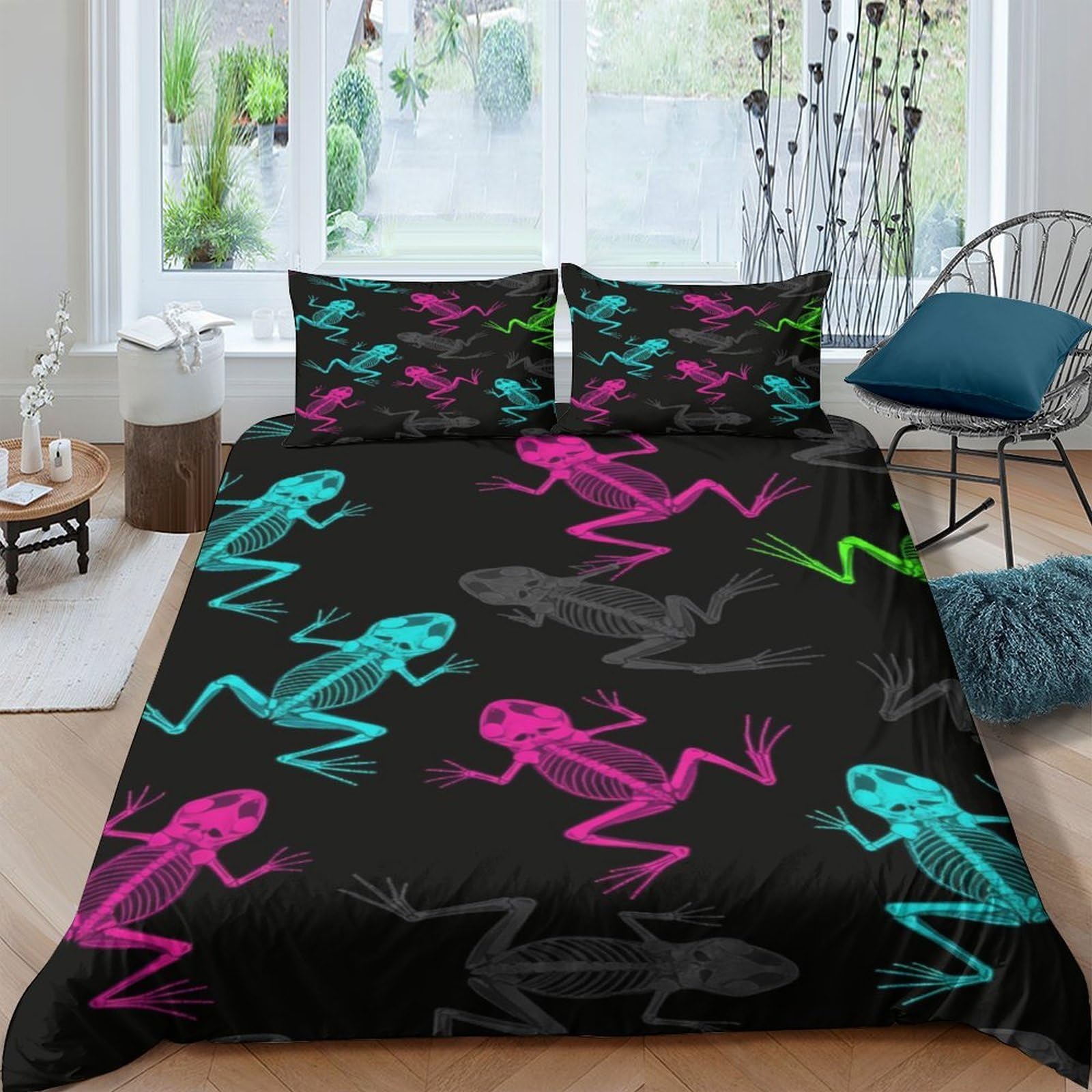 Housse de couette grenouille squelette néon : le style ado et branché
