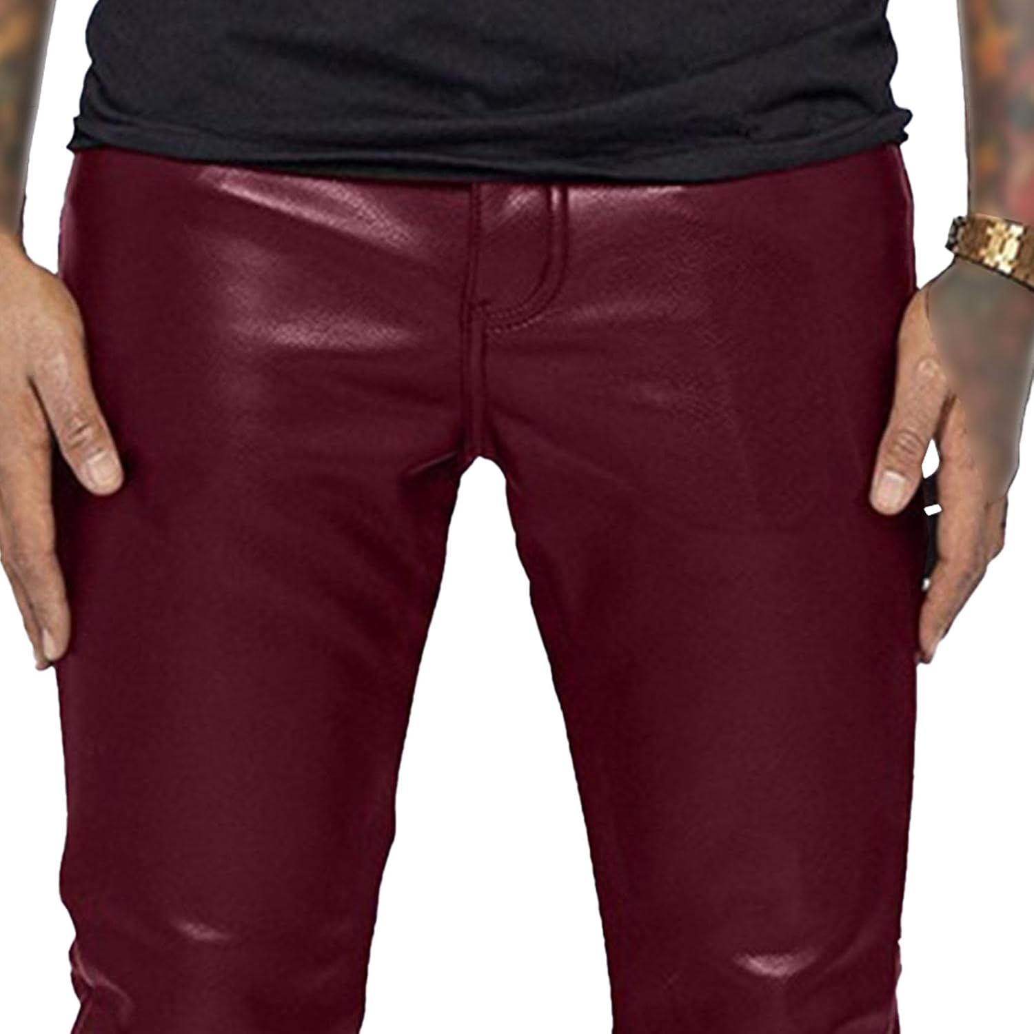 Mens PU Leather Flared Pants Mid Waist Loose Casual Bell Bottom Trousers Hip Hop Casual Long Pants with Pockets