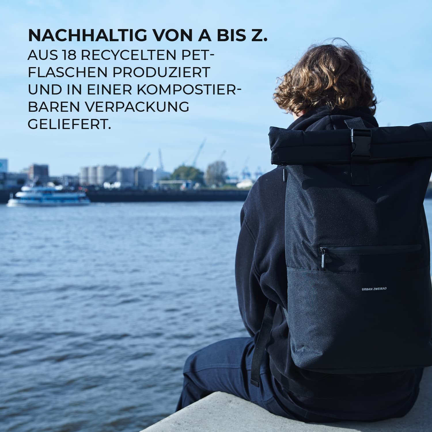 URBAN ZWEIRAD - Rollrucksack - Rolltop Rucksack für Damen & Herren aus PET-Flaschen - Rolltop für Freizeit, Uni & Schule etc. - Wasserabweisender Rolltop Rucksack