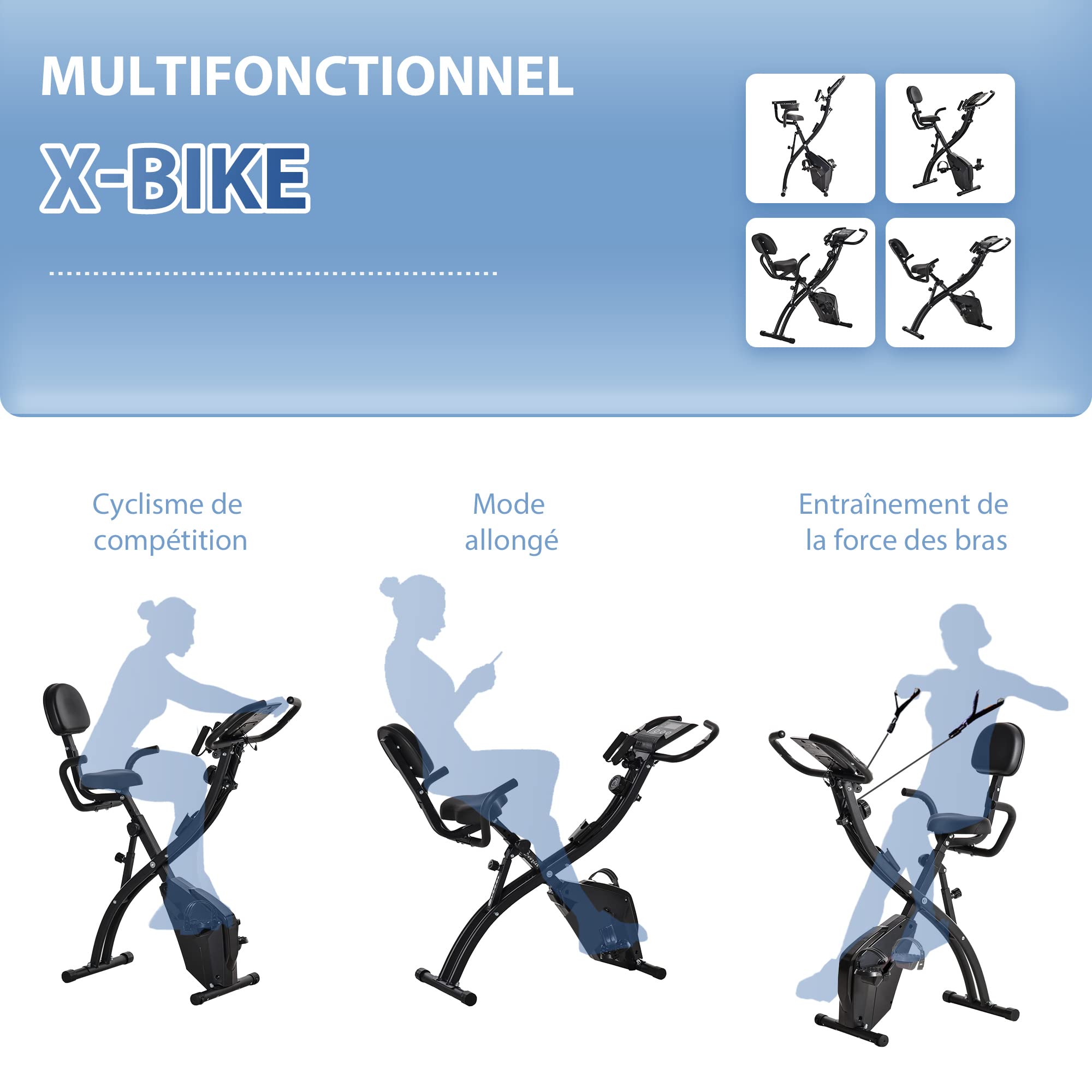 HOMCOM Składany rower treningowy, rower treningowy, domowy czas dla dorosłych, 8 poziomów oporu magnetycznego, ręczny czujnik pulsu, wielofunkcyjny wyświetlacz LCD, regulowane siodełko, stal