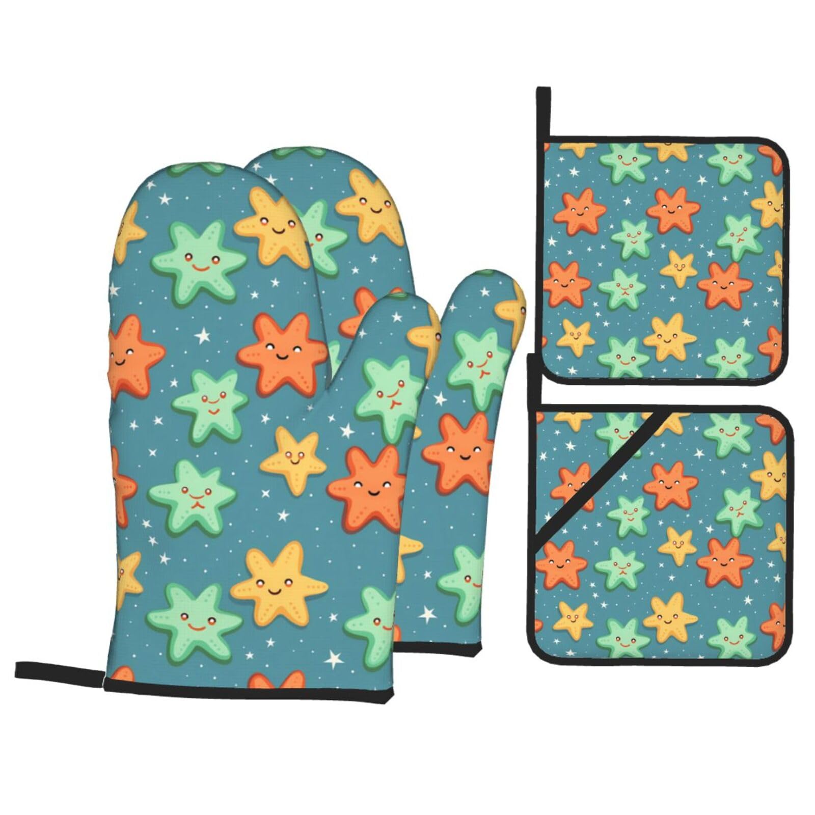 HJFCZH Cute Starfish Picture Kitchen Baking Set of 4 Thick Insulated Oven Mitt & Pot Holders, Anti-Scalding for Microwave, Oven, Outdoor BBQ