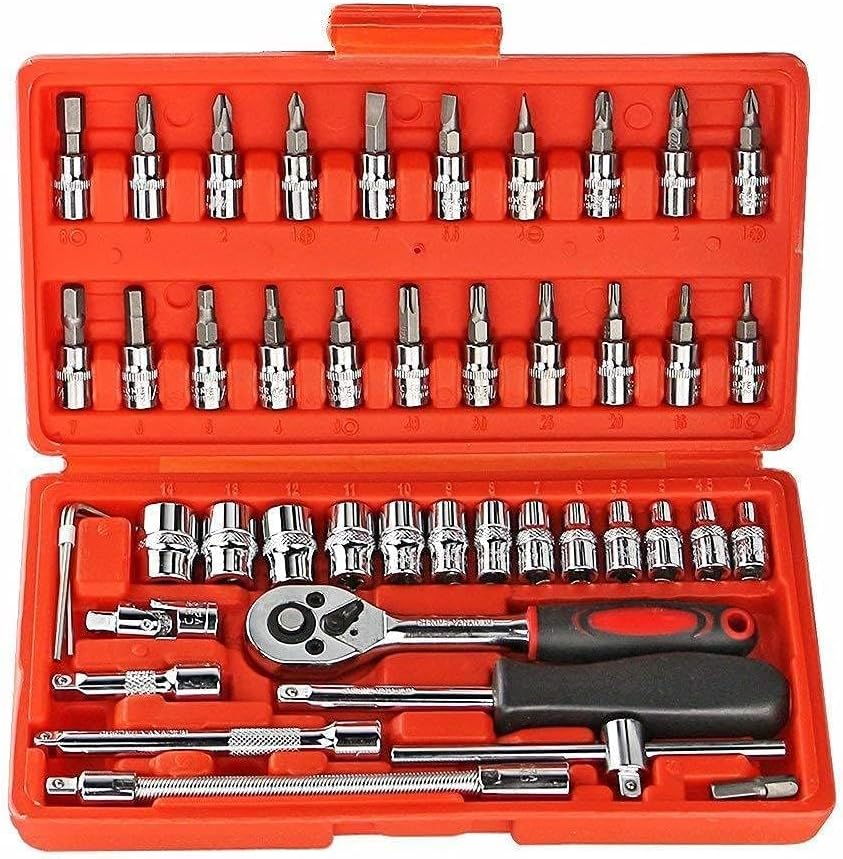 Tool Kit 46 in 1 Pcs Tool Kit for Home Use Tools Kit Spanner Set Socket Set Wrench Set Tools Set Hand Tools Bike Set Socket Wrench Set (Multi Color) (Pack of 1)