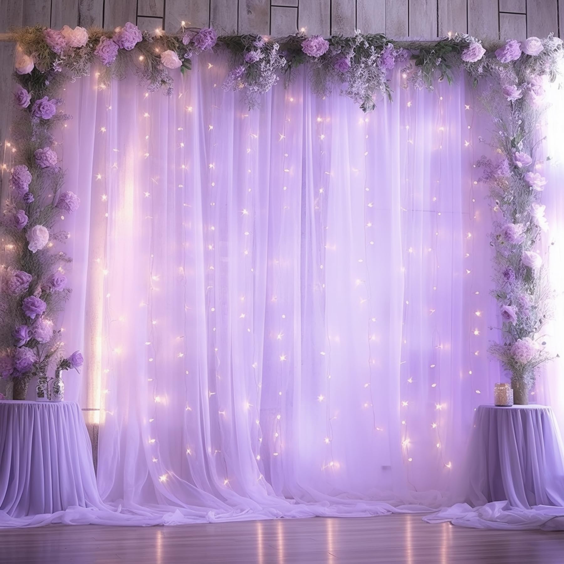 Chiffon Hintergrundvorhang Mit Lichterkette – 2 Paneele à 1,5x3 M, Lila – Für Hochzeiten, Babyparty & Deko, USB-Betrieb