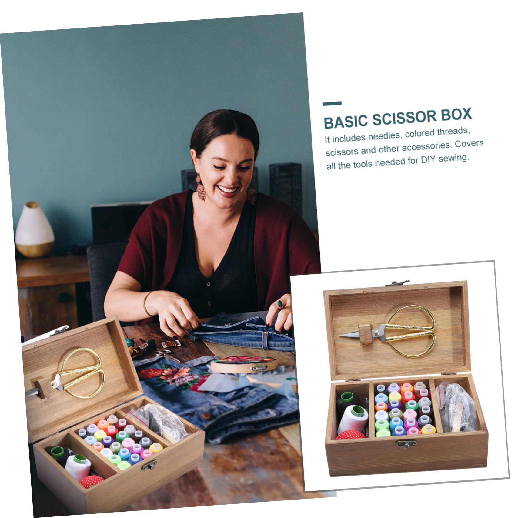 Kit de Costura Completo de Madera Retro Gran Capacidad, Caja de Almacenamiento Ecológica para Diy, Incluye Agujas, Hilos Variados y Tijeras, Adecuado Hogar