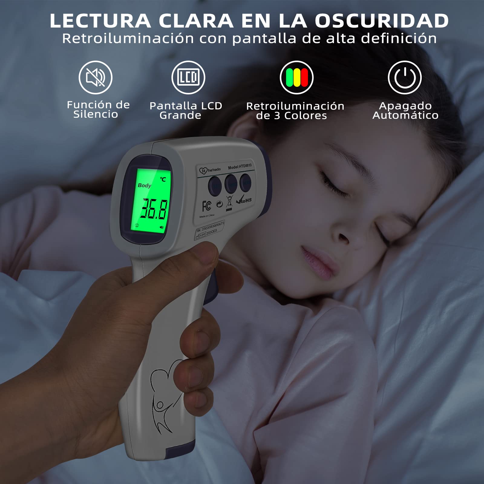 Termometro Digital Frente Adultos, Termometro Bebe Infrarrojos Sin Contacto, Termómetro Digital Con Alarma de Fiebre, 50 Lecturas Memoria, Modo Mudo, ℃ y ℉ Conmutable, Morado