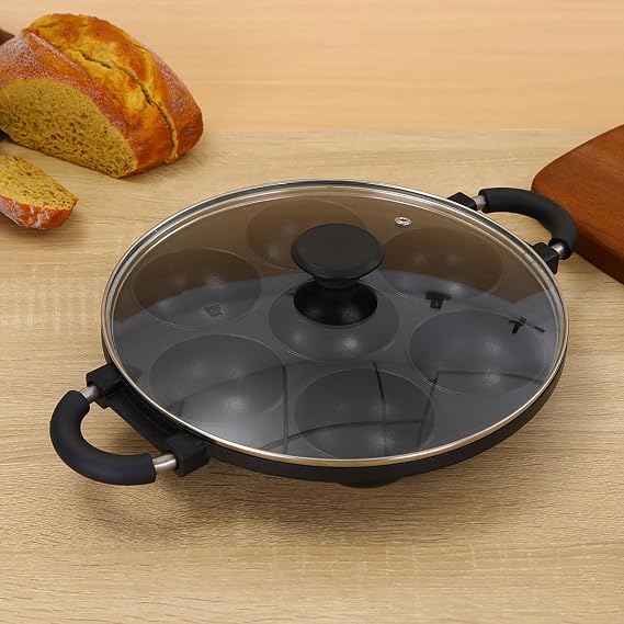 WUWEOT Aebleskiver Pan, Non Stick Appe Grill, 3.15 Appam Maker Griddle, Aluminium Pancake Octopus Ball Half Sphere Pan with 2 Side Handle and Glass Cover Lid
