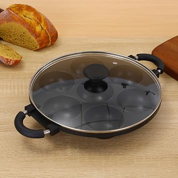 WUWEOT Aebleskiver Pan, Non Stick Appe Grill, 3.15 Appam Maker Griddle, Aluminium Pancake Octopus Ball Half Sphere Pan with 2 Side Handle and Glass Cover Lid
