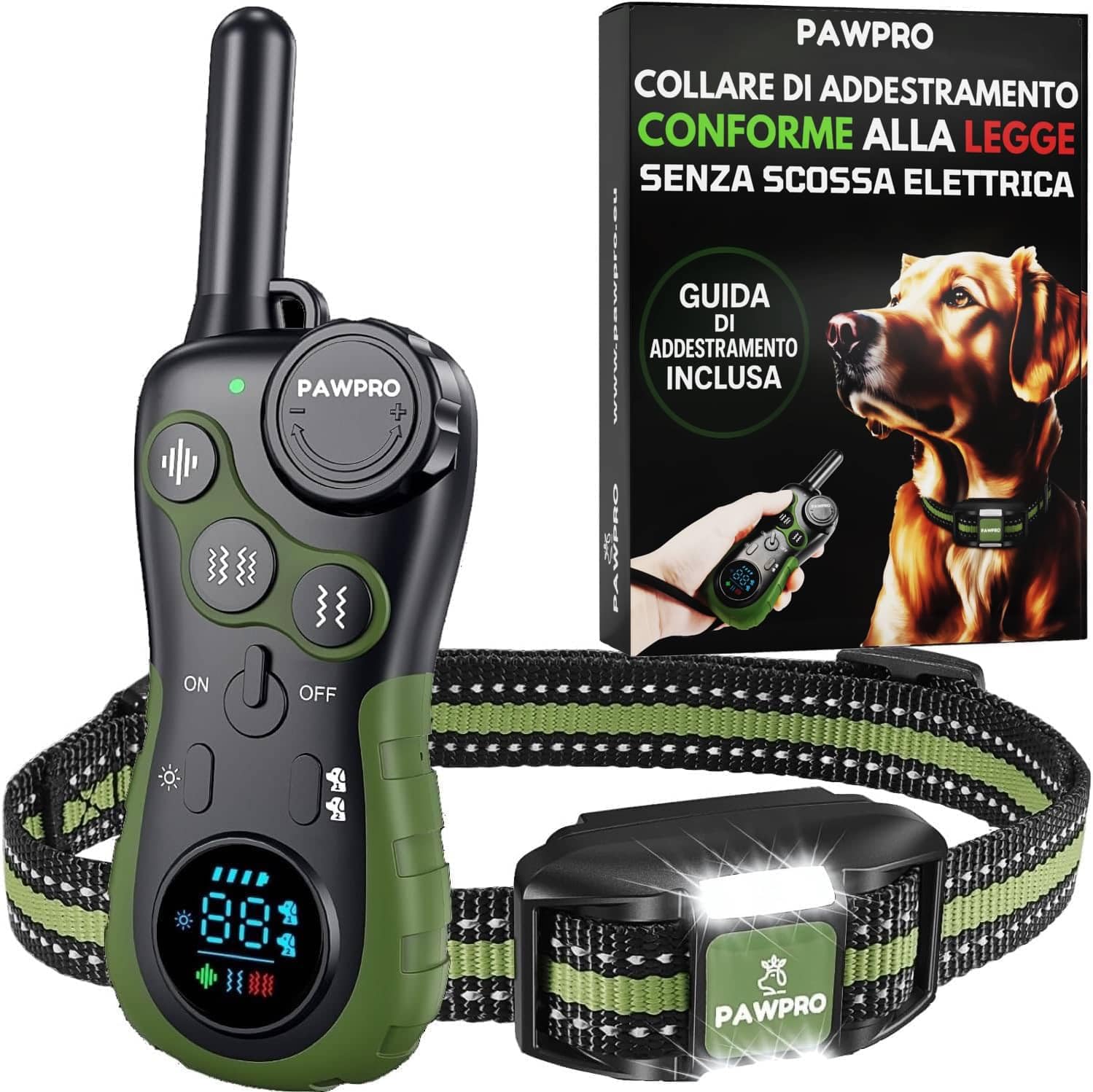 PAWPRO Collare di Addestramento, Conforme Nuova Legge Italiana Benessere Animale, Portata XXL 3 km, Modalità Luce Notturna, BIP Vibrazione Potenziata, Adatto Tutti Cani, Impermeabile (1 Collare)