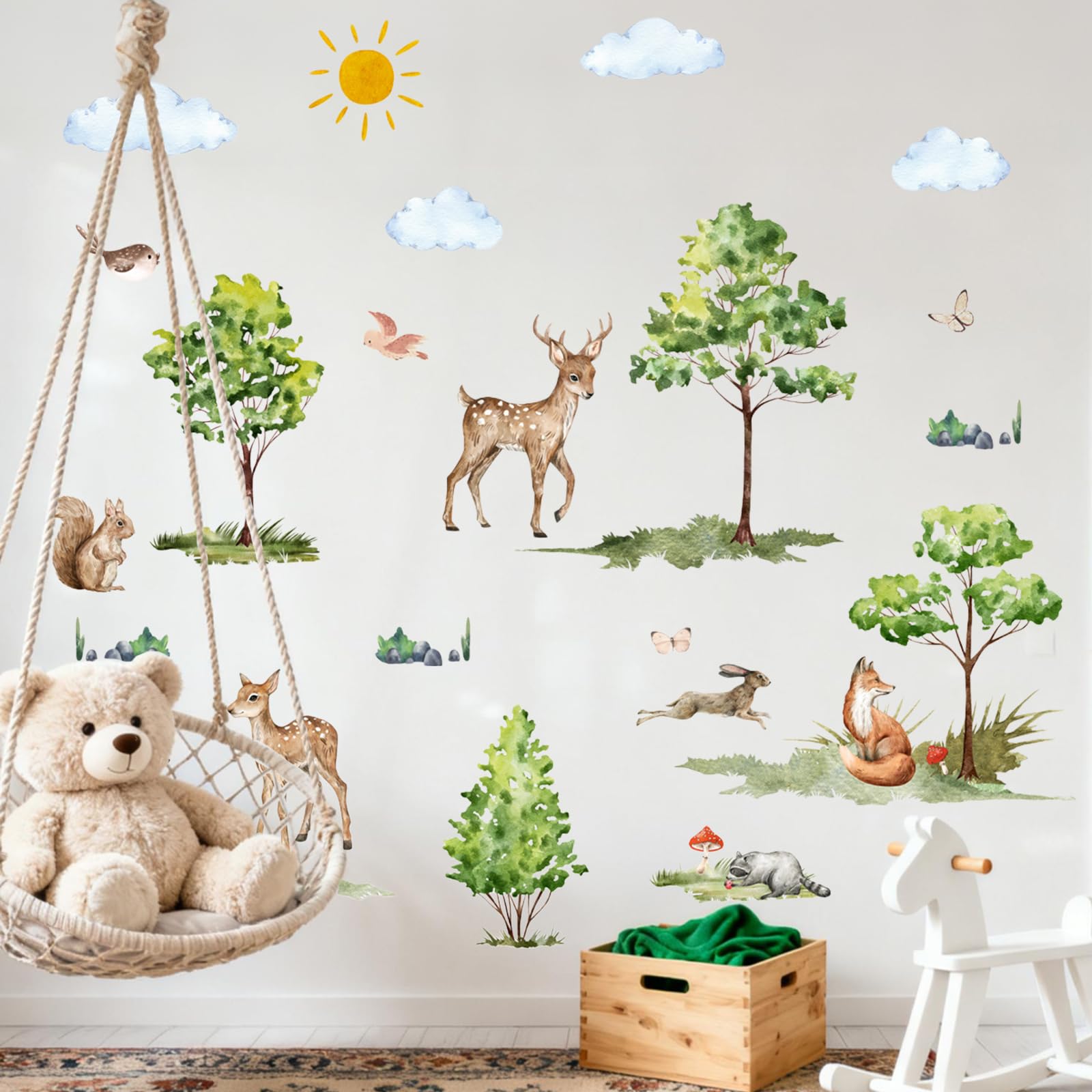 Nidoul Jungle Animals Tree Wall Stickers Cartoon Animal Wall Decals Giraffe Squirrel Tropical Leaves Nursery Decor Kids Bedroom Living Room Kindergarten Wall Decor