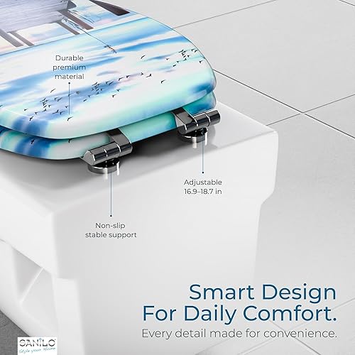 Miniatura 3 de SANILO Asiento de inodoro de madera con cierre suave [alargado] – Asiento de madera moldeada decorativo, silencioso y de cierre lento – Con fuertes