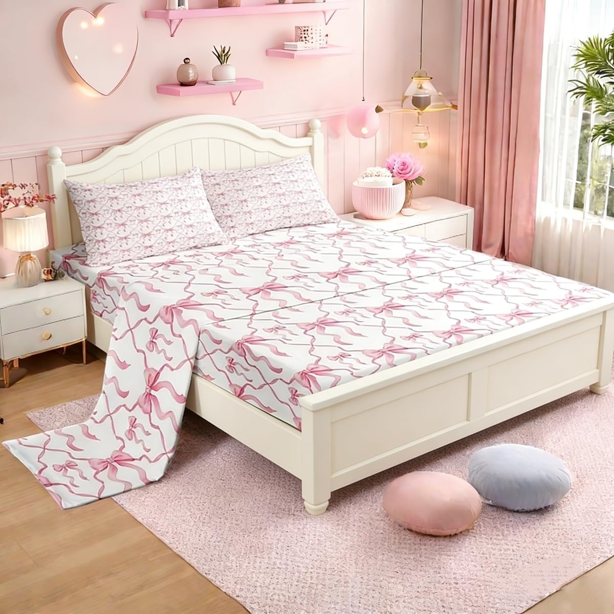 Erosebridal Pink Bow Bed Sheets for Kids Teen Women,Cute Ribbon Bowknot Queen Bedding Sets for Girls Kawaii Watercolor Bow Tie Sheet Set,Pink White Princess Bow Bed Sheet Set 4 Piece