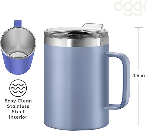 Miniatura 36 de Oggi ThermoMug - Taza aislada de acero inoxidable, doble pared aislada al vacío con asa y tapa, taza de café, taza de campamento, termo de viaje, 14