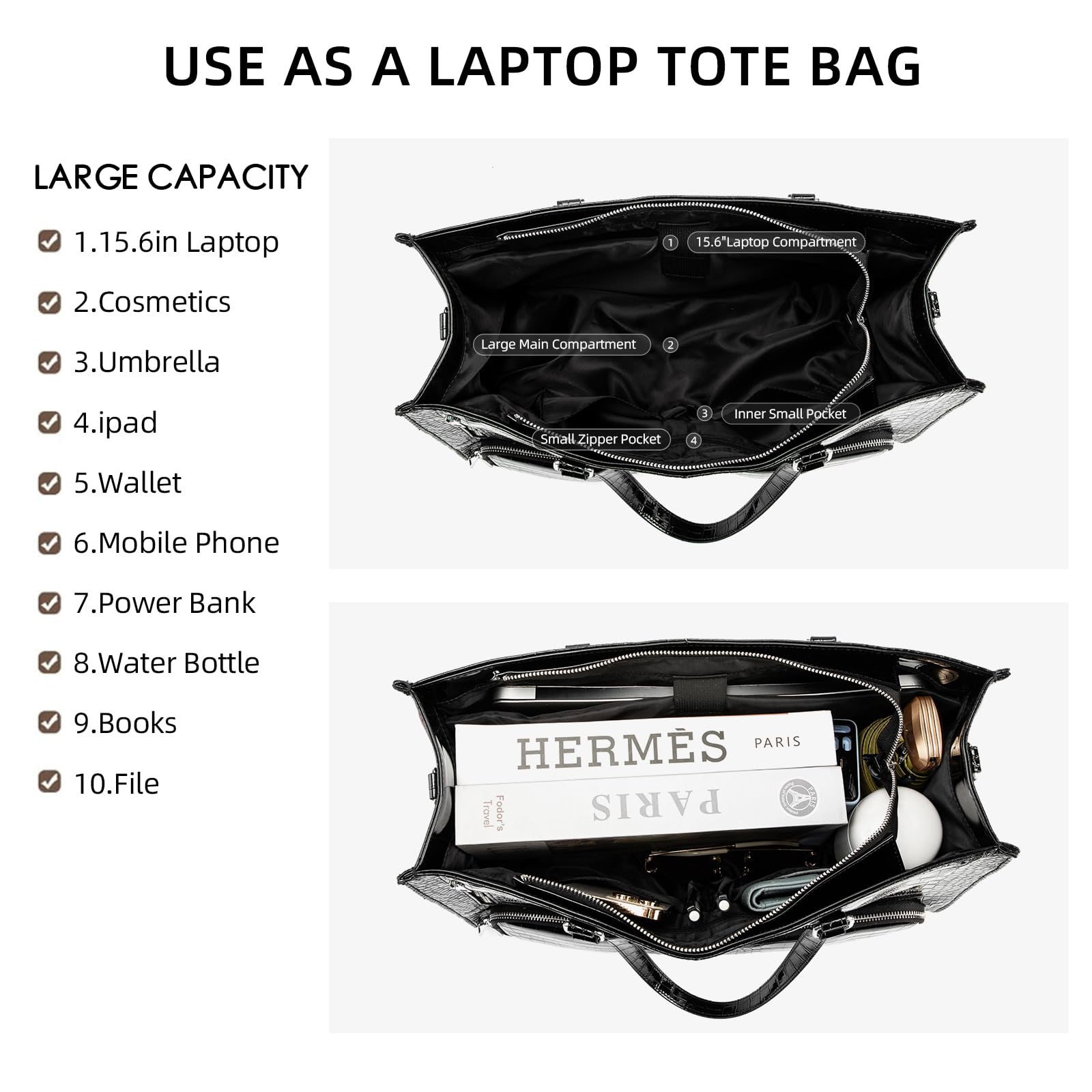 ROYALFAIR Bolsa de almuerzo para mujer, 2 en 1, con compartimento de refrigeración y bolsa para el ordenador portátil de 15,6 pulgadas, gran bolsa de trabajo para oficina, trabajo y universidad (negro