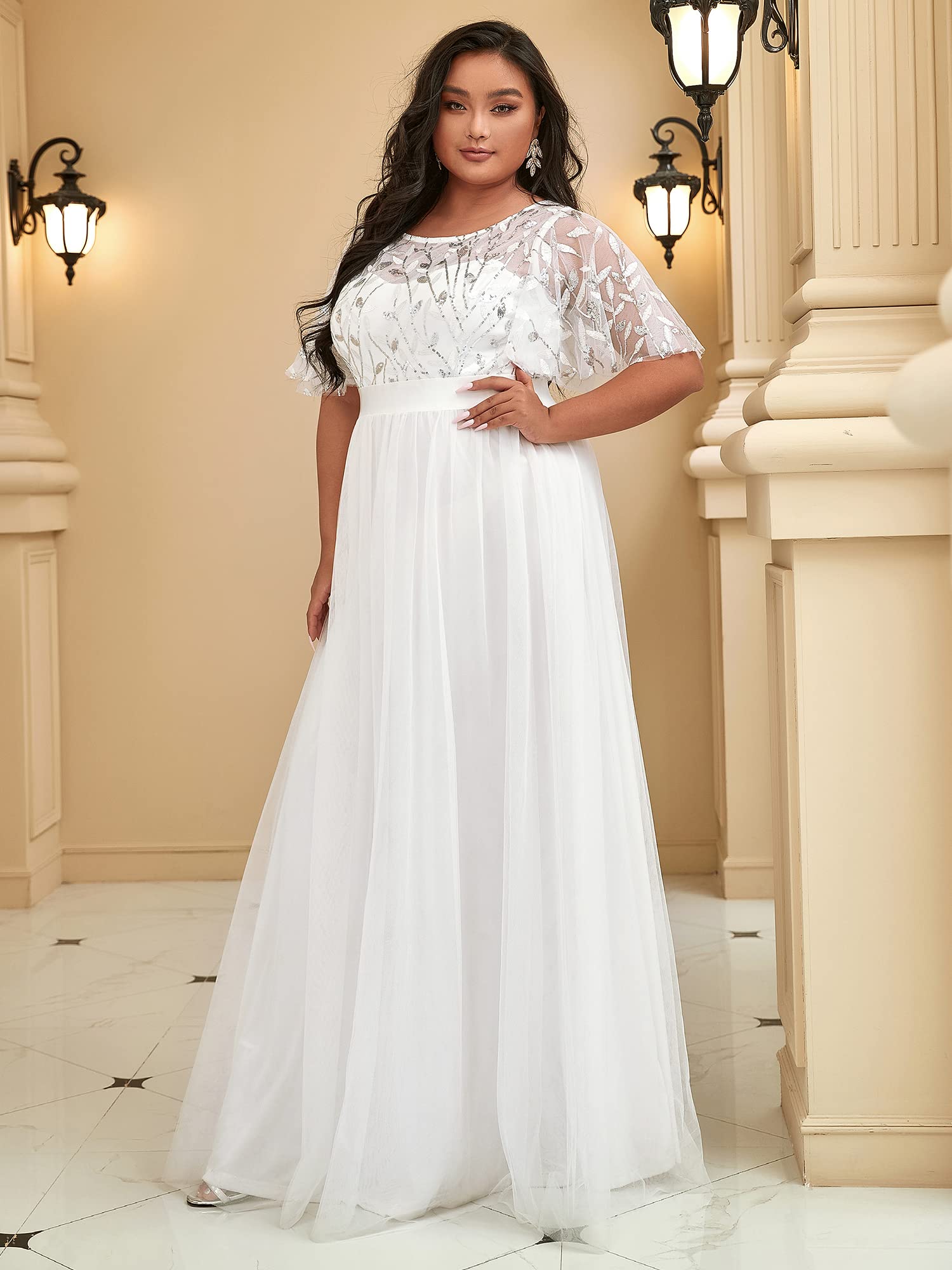 Ever-Pretty Corte Imperio Vestido de Fiesta A-línea Tul Cuello Redondo Manga Corta para Mujer 00904