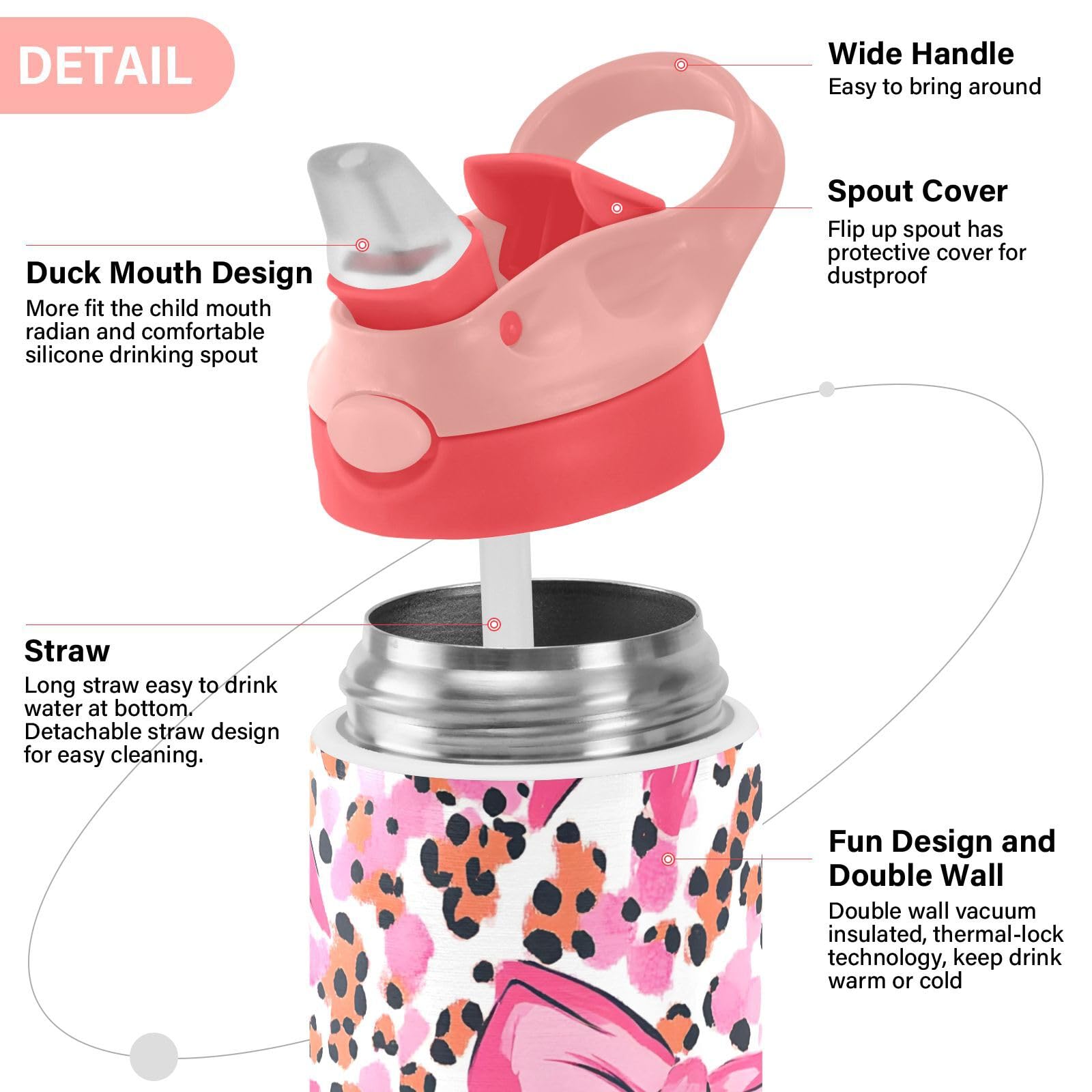 Borraccia termica per bambini con stampa leopardata e fiocco rosa, tazza da viaggio con cannuccia e manico, tazza in acciaio inox, per viaggi, scuola, ragazze, 350 ml