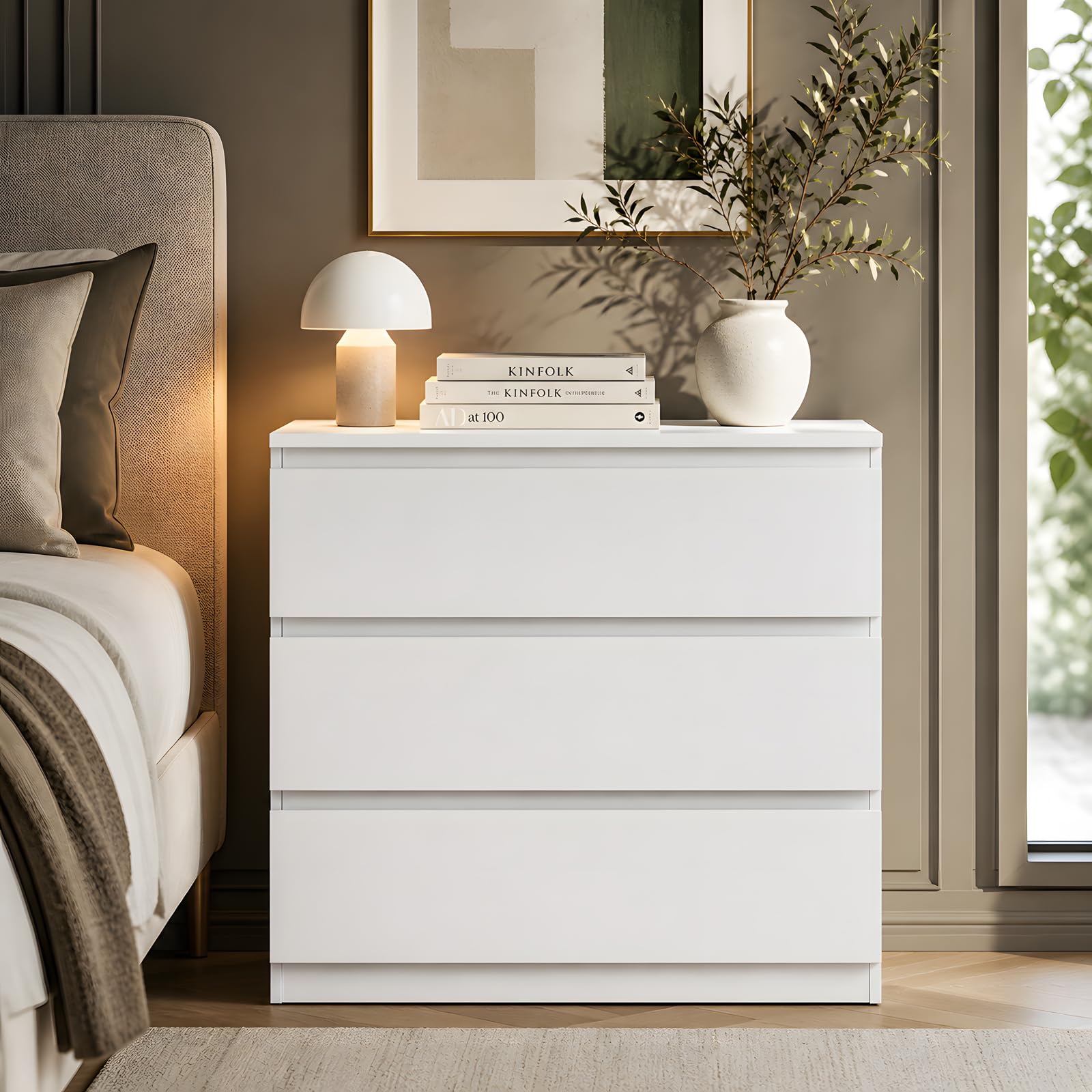 Cómoda Blanca sin Tiradores, Cajonera 70 cm Ancho, Moderno Aparador 3 Cajones para Dormitorio y Pasillo, Ahorro de Espacio 40 cm Fondo, Mate