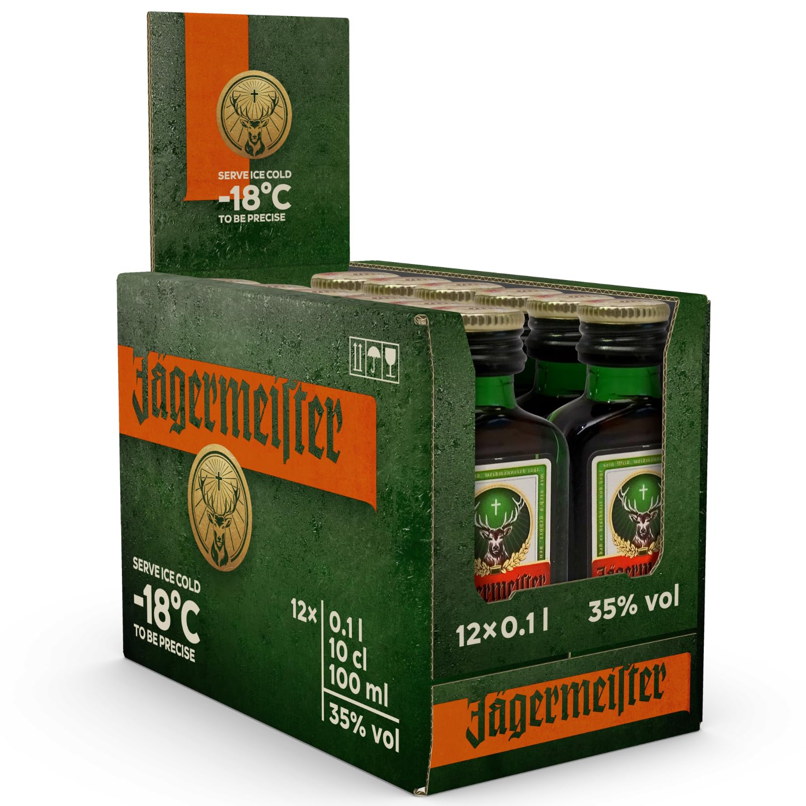 Jägermeister – 12 x 0,1 l Premium Kräuterlikör 35% Vol. – 56 erlesene Kräuter – Kalt mazeriertes Elixier – Im Eichenfass gelagert – Das Original aus Wolfenbüttel