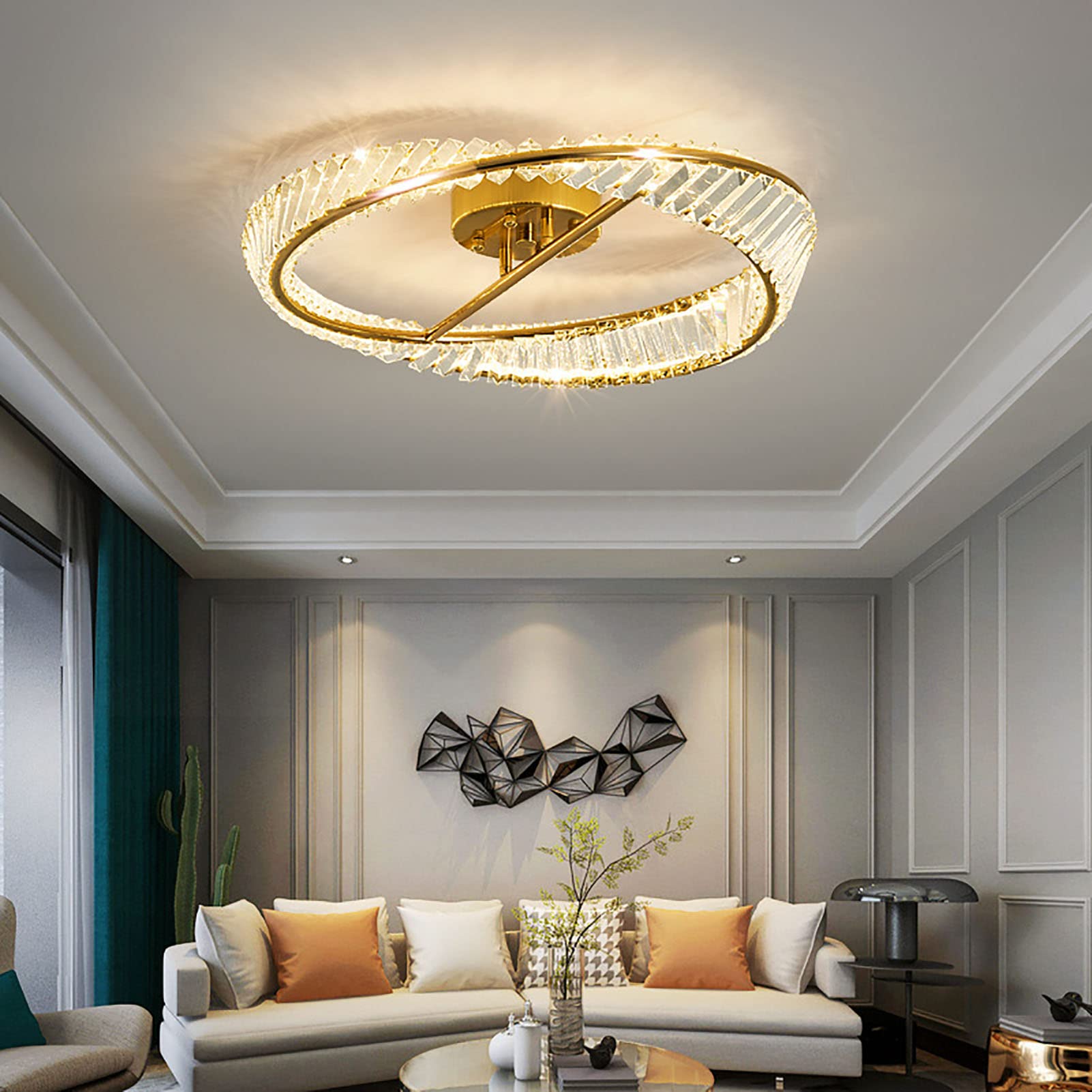 CLoxks Lámpara de Techo,Luz de techo de cristal de lujo, luz de cristal de moda redonda creativa, luz de sala de estar, luz de comedor, luz de dormitorio, luz de techo de cristal de estudio-dorado.