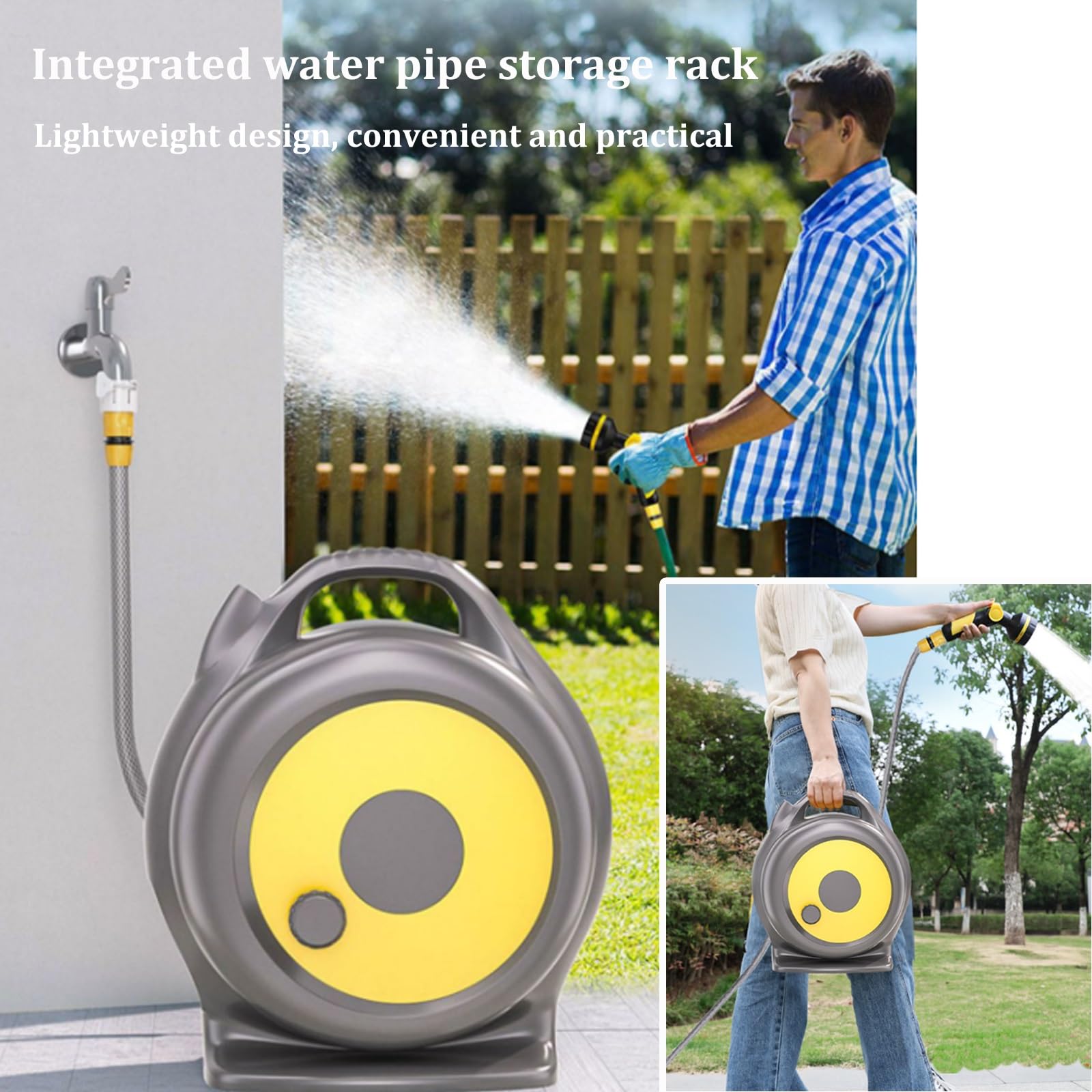 Carrete de manguera con soporte almacenamiento integrado tuberías agua boquilla pulverización ajustable 10 modos mango compacto portátil manguera retráctil riego lavado autos baño mascotas(20m)