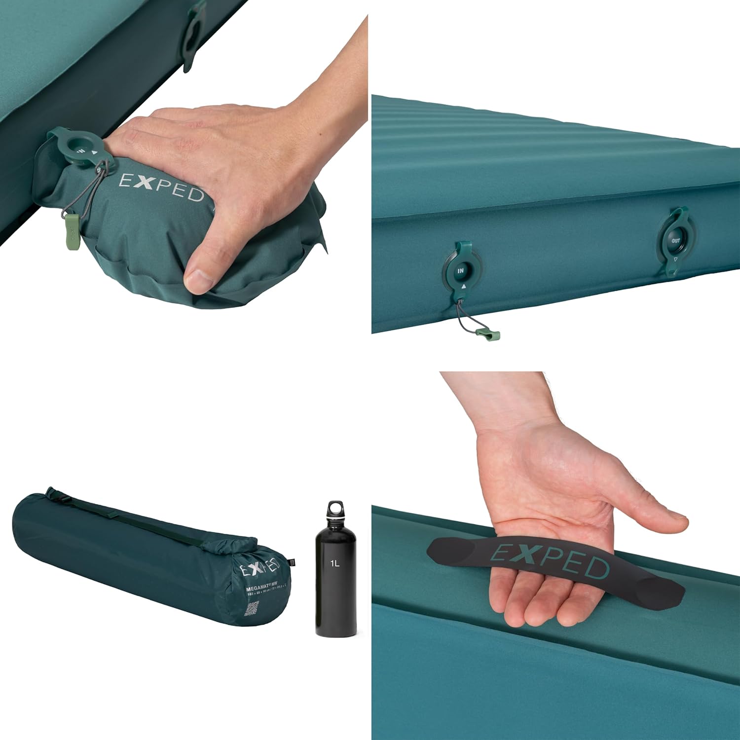 Exped MegaMat components: a hand using the Top-Up Pump, close-up of inflation/deflation valves, the mat rolled in its stuff sack next to a 1L bottle for scale, and a hand holding the welded side handle.