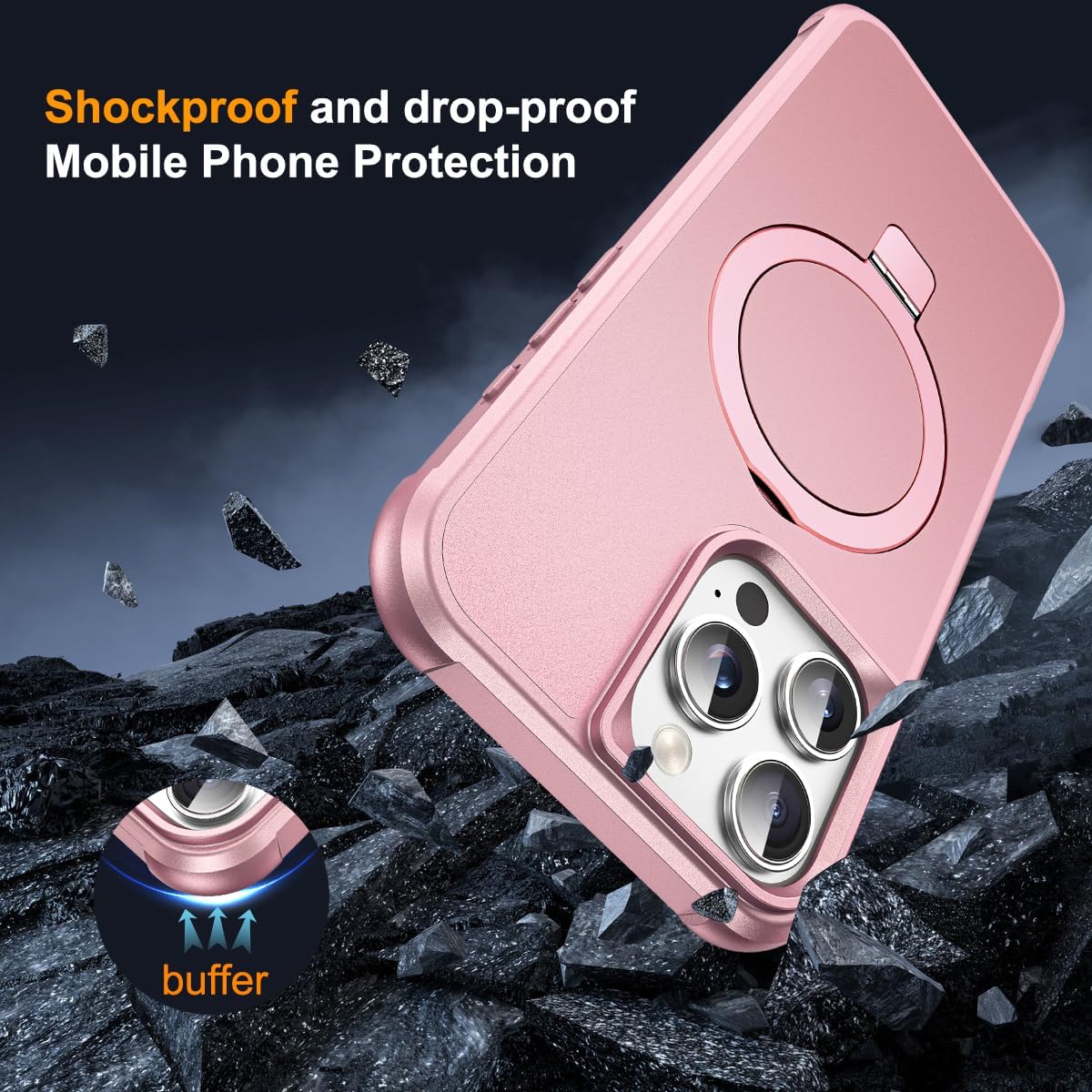 Compatible with iPhone 16 Pro Max Case with Invisible Magnetic O-Ring Stand Military-Grade Case for iPhone 16 ProMax 6.9" [Compatible with Mag-Safe][Great Grip Feeling], Rose Gold - Image 7
