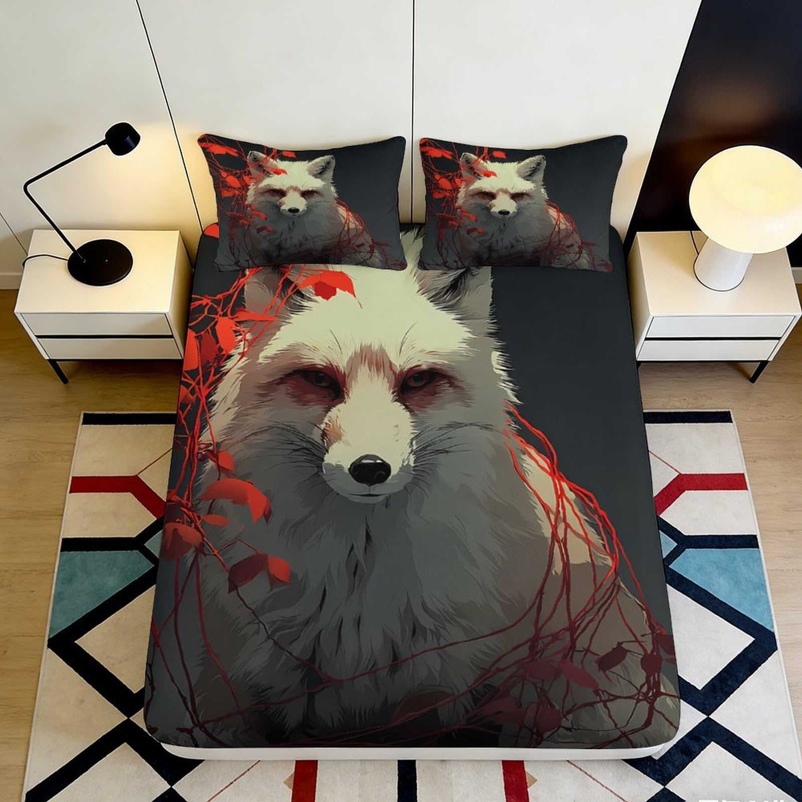 3D Printed Fox Design Fitted Sheet Microfiber Soft Breathable Red Leaves Bed Cover for Bedroom Dormitory Guest Room Mattress Protection Decor 120x200x25cm