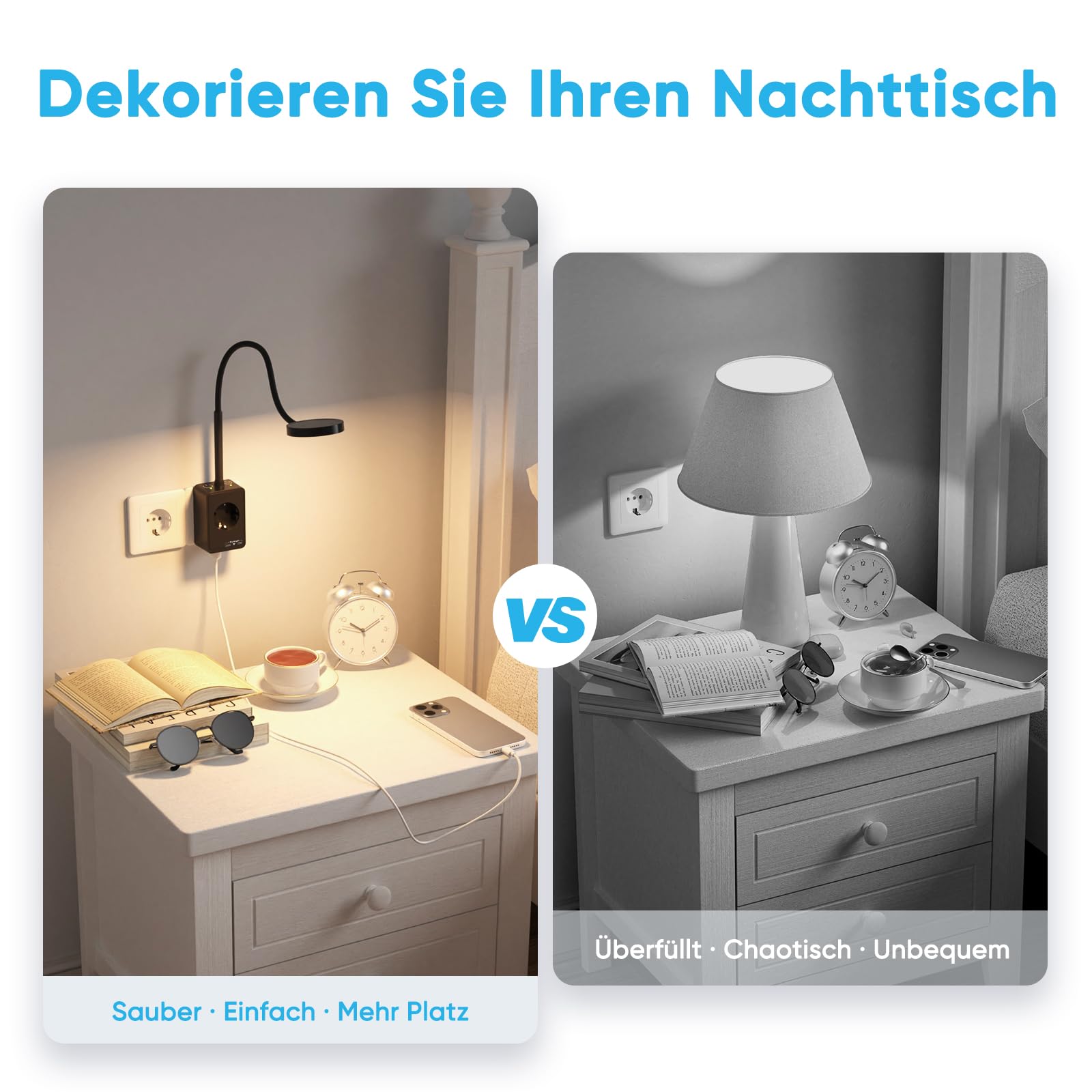 LED Wand Leselampe Bett Schwanenhals Dimmbar Schwarz Innen mit Stecker, Steckdose und USB Anschluss, 2er Pack Steckdosenlampen LED, Zwei Berührungsschalter, 3er Lichtfarben Modi