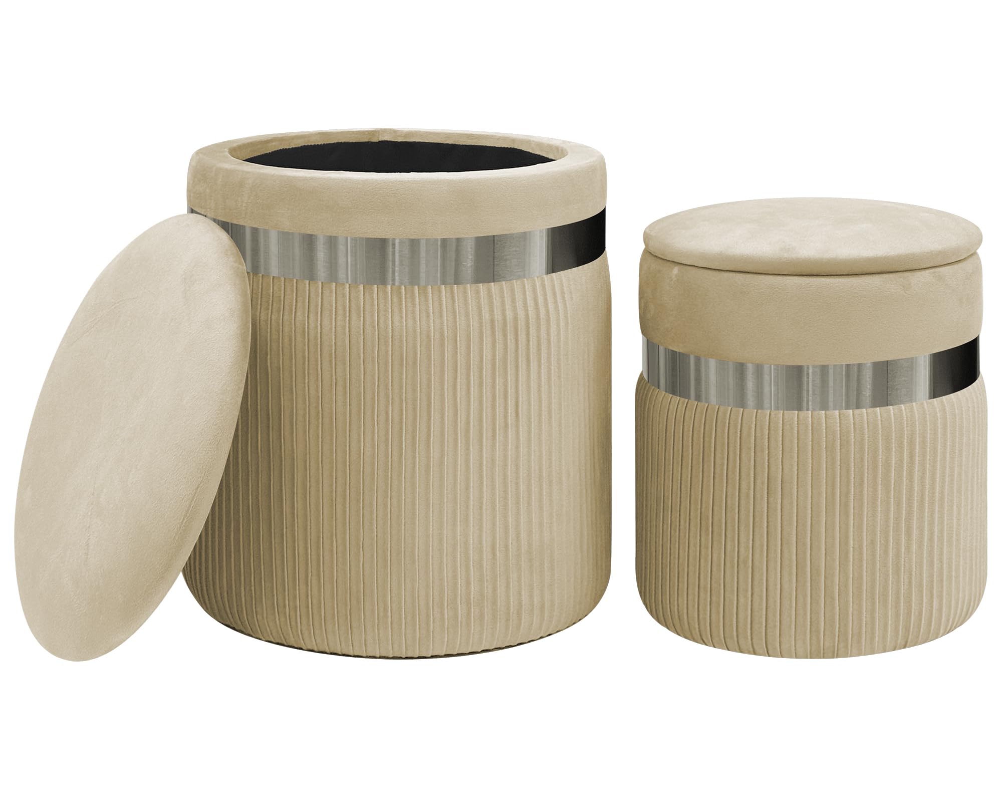 IlGruppone Set Di 2 Pouf Contenitori In Velluto Design Moderno Poggiapiedi,Tondo con Coperchio Rimovibile e Seduta Imbottita - Panna