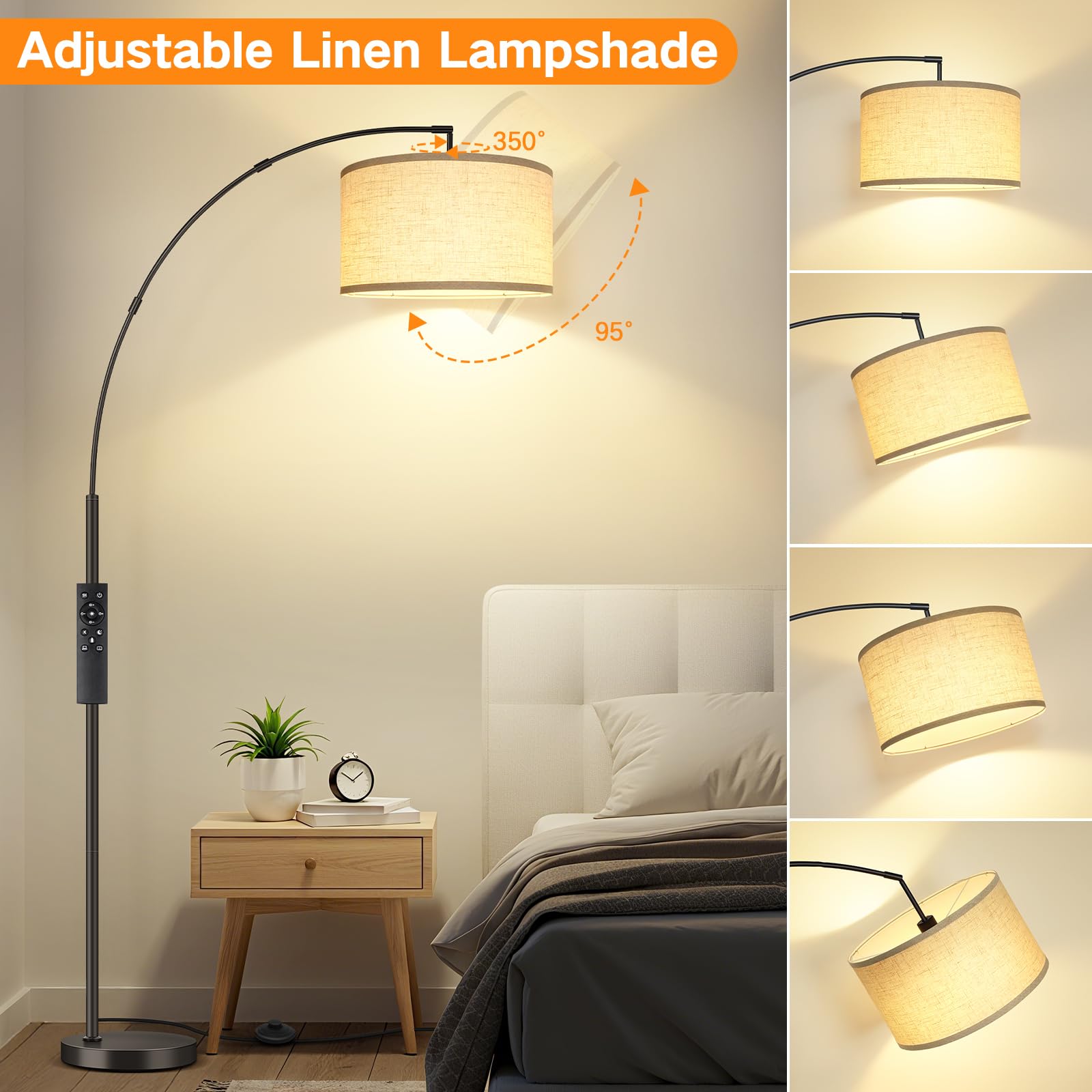 OUTON Lampada da Terra ad Arco, Lampada ad Arco Moderna con Telecomando e Interruttore a Pedale, Paralume Beige da 40cm, Lampadina E27, Piantana LED da 205cm per Soggiorno, Camera da Letto, Ufficio