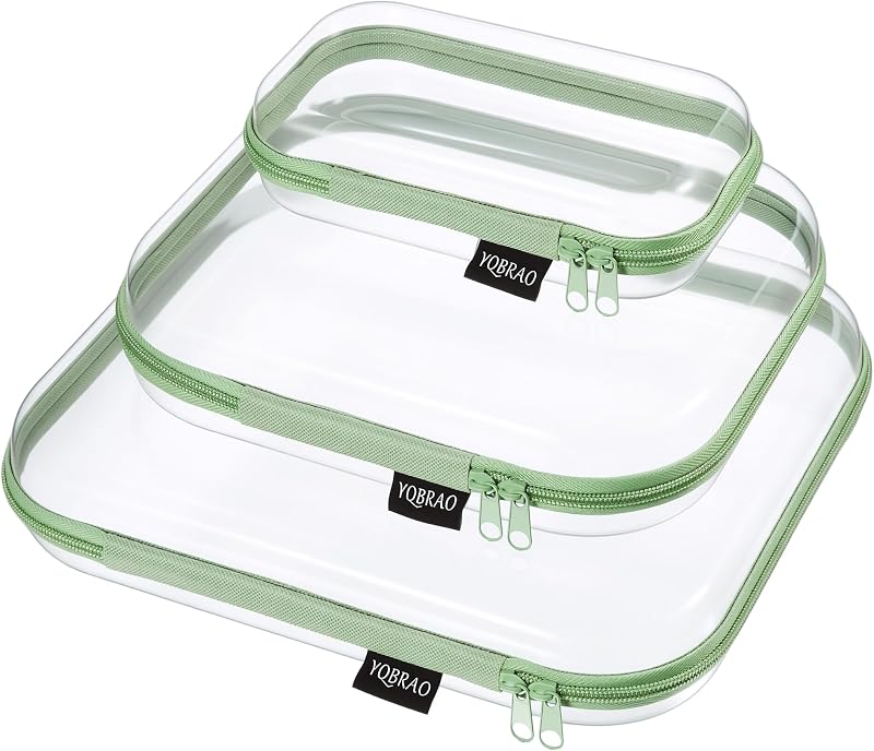 Maleta para maquiagem YQBRAO com 3 estojos transparentes rígidos e zíper, verde
