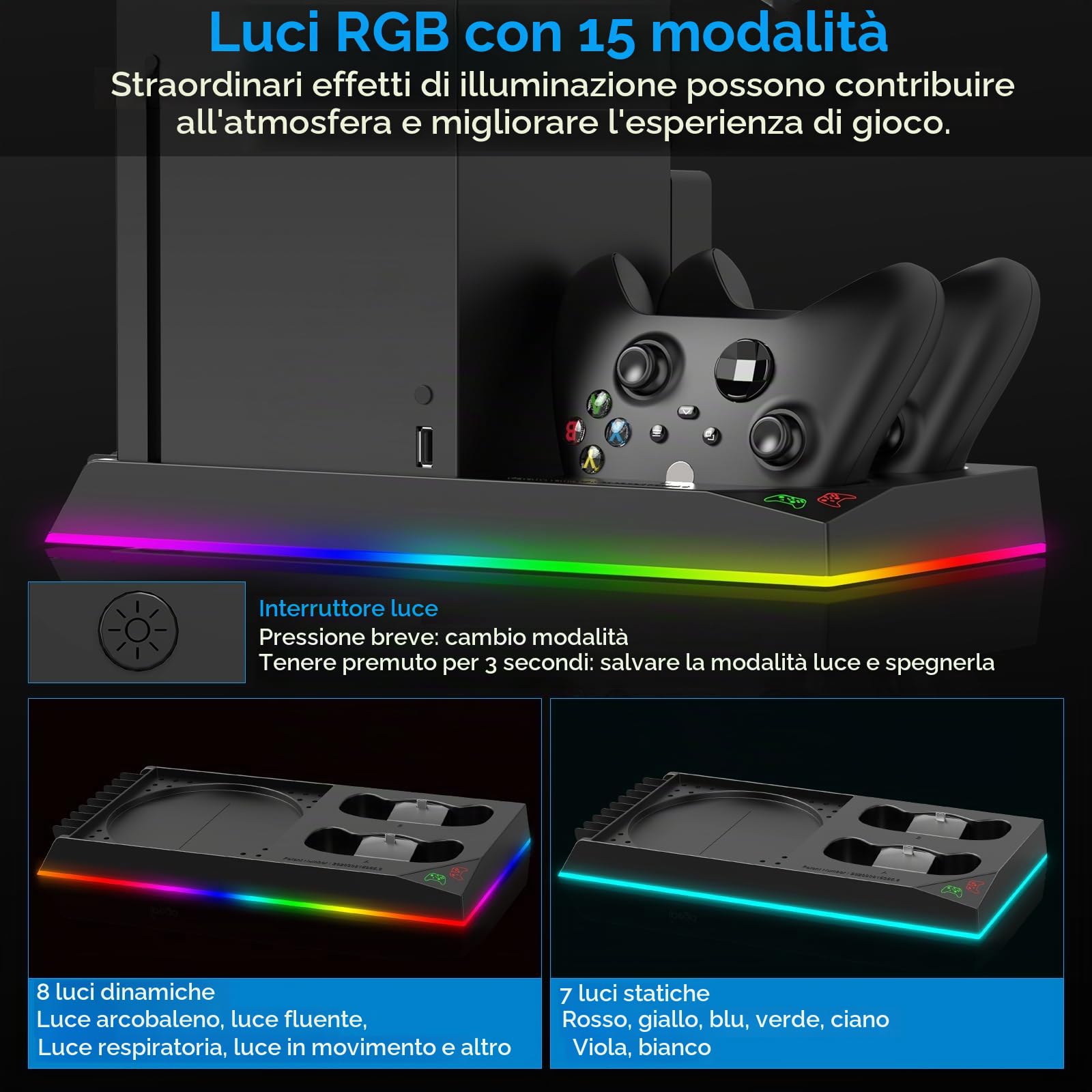 FYOUNG Supporto di raffreddamento aggiornato e stazione di ricarica per console e controller Xbox Series X, sistema di raffreddamento della ventola con 15 luci RGB e 2 batterie ricaricabili da 1400