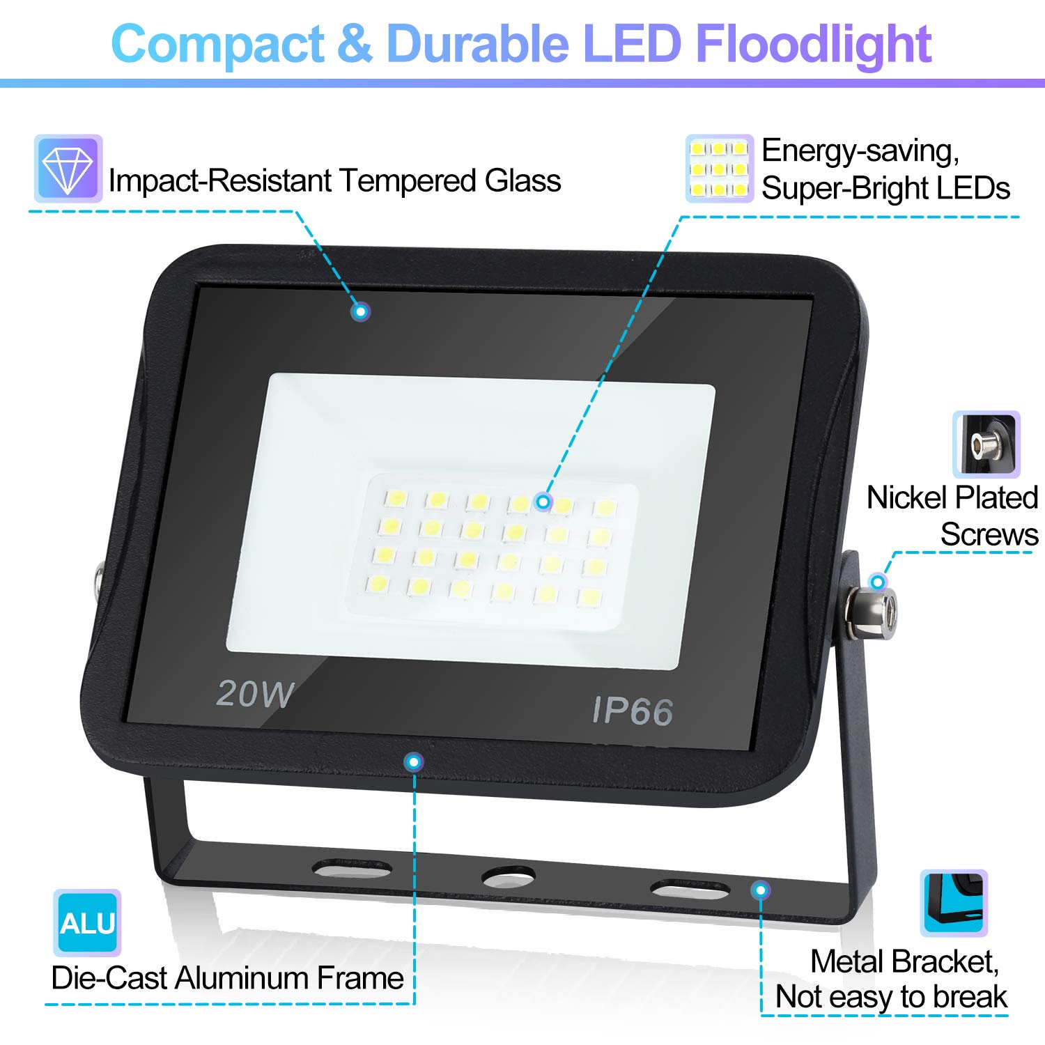 Yakimz 2 faretti LED da 20 W con treppiede, 1700 lm, da cantiere, con cavo da 1 m, 6000 K, bianco freddo, impermeabile, IP66, per uso interno ed esterno, officina, senza spina