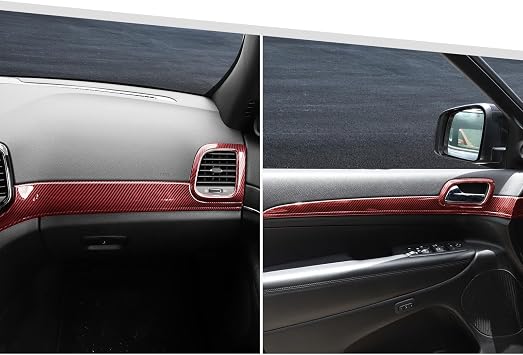 Jimen Compatible with Jeep Grand Cherokee 2014-2020, 7PCS Dashboard Panel & Interior Door Handle Cover Trim Kits Red Carbon Fiber
