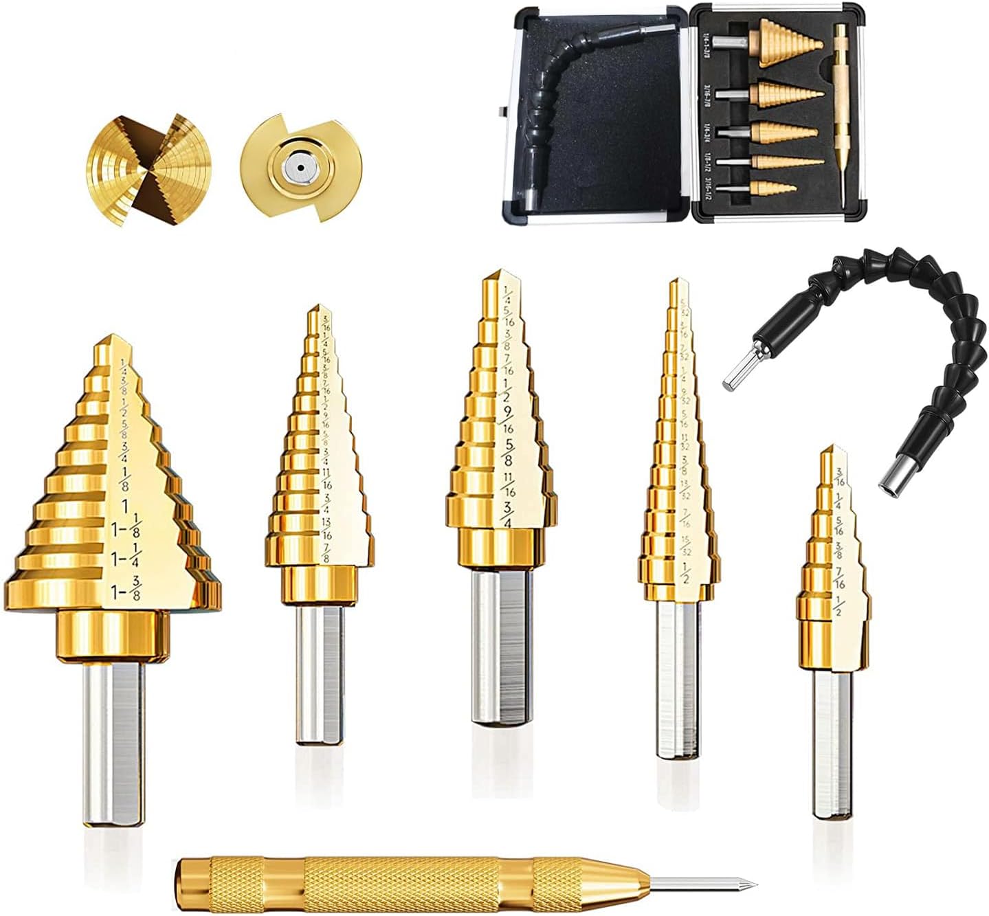 7 Piece HSS High Speed Steel Step Drill Bit Set for Metal with Punch & Drill Extender- Gift for Men
