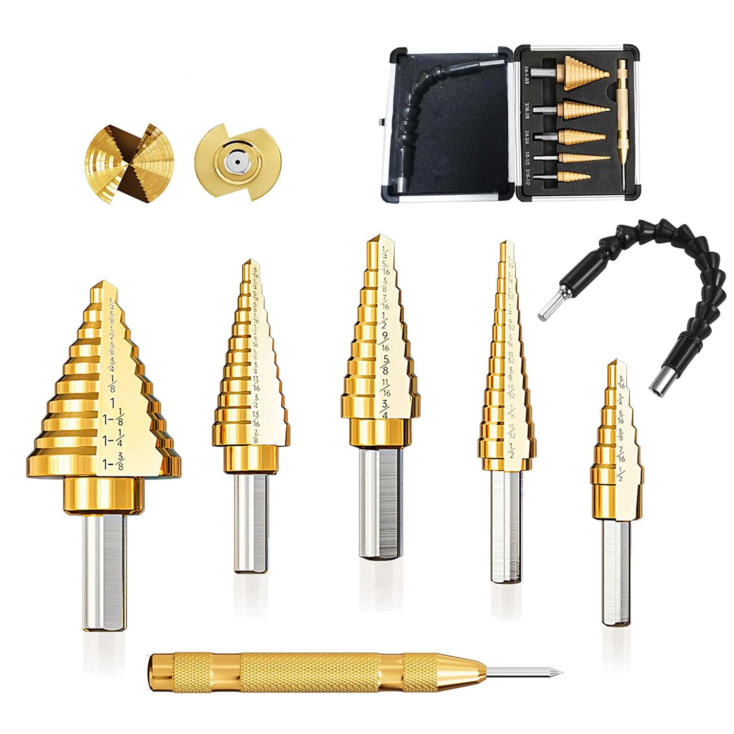 7 Piece HSS High Speed Steel Step Drill Bit Set for Metal with Punch & Drill Extender- Gift for Men