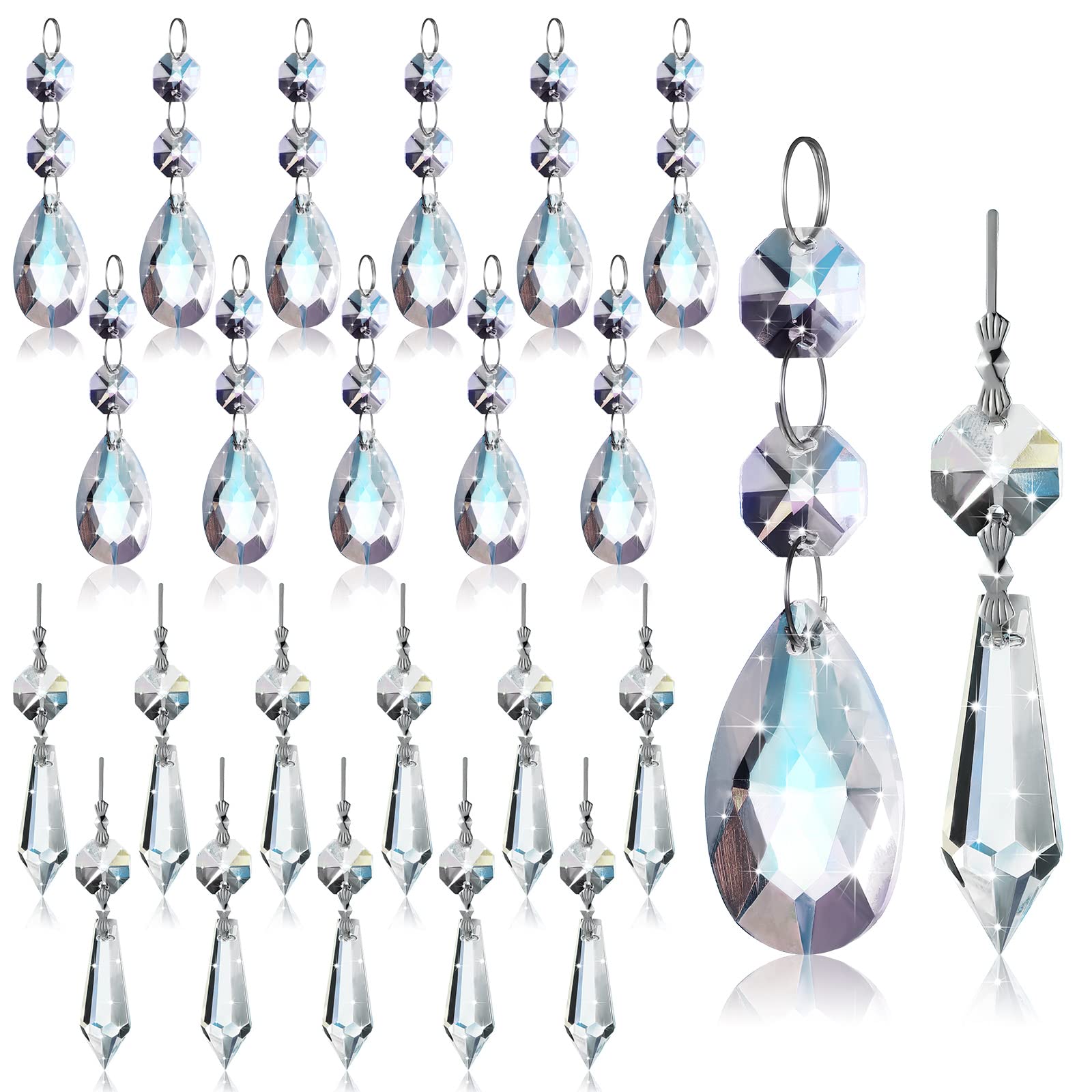 Potchen 24 Pcs Chandelier Crystal Replacement 38 mm Clear Teardrop & Icicle Crystal Prisms Hanging Crystals for Lamps and Chandeliers Suncatcher Crystal Christmas Tree Windows Home Decor(24 Pieces)