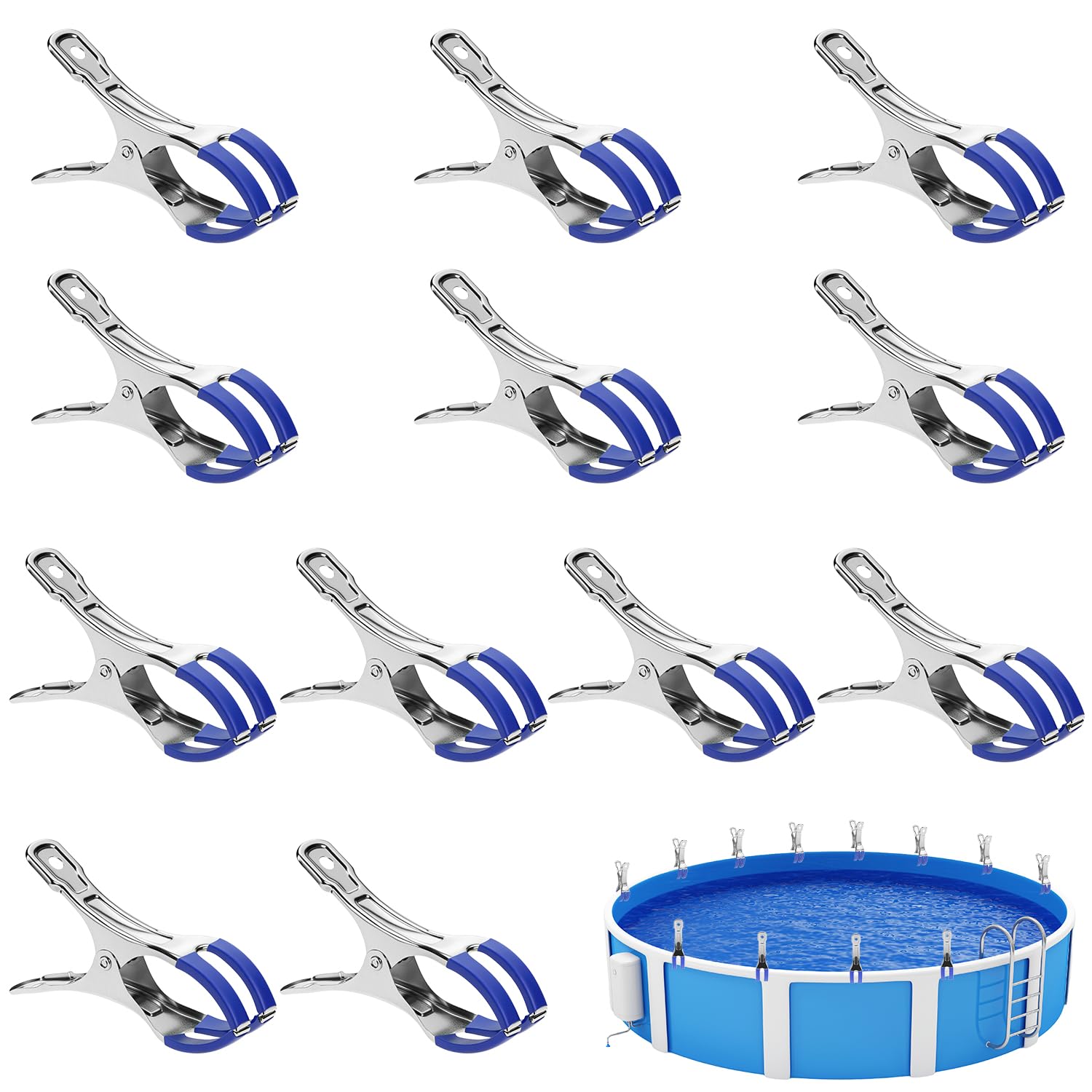 QWORK® 12 Piezas Pinzas de Acero Inoxidable, Grandes Abrazaderas Lonas con Fundas Protectoras, para Piscinas sobre el Suelo, invernaderos, Secado de Ropa