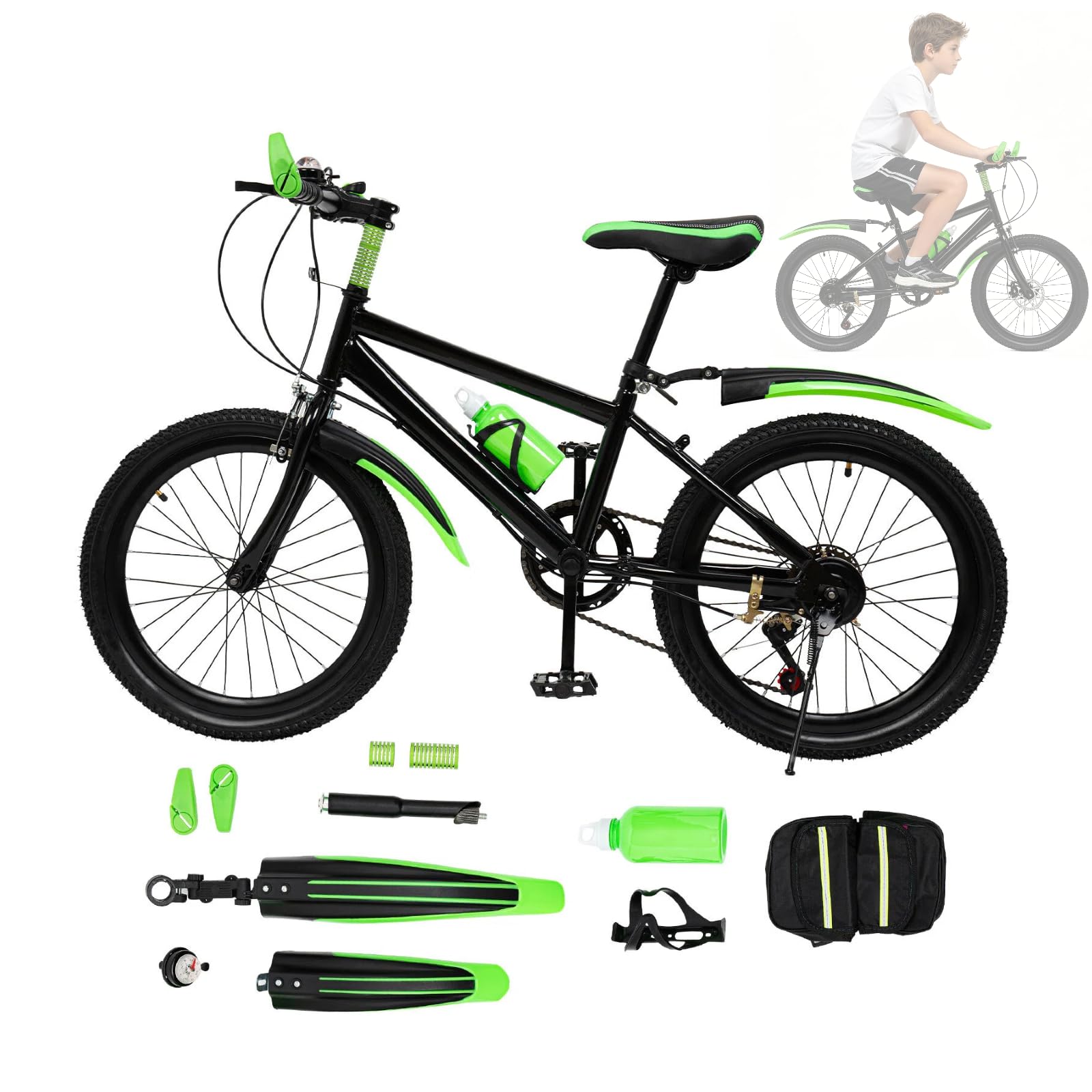 20 Zoll Kinderfahrrad, 7 Gang Mountainbike mit Höhenverstellbarem Sitz, Trinkflasche, Halter und Aufbewahrungstasche, Upgrade Kinder Fahrrad für Jungen und Mädchen, Tragfähigkeit: 75 kg