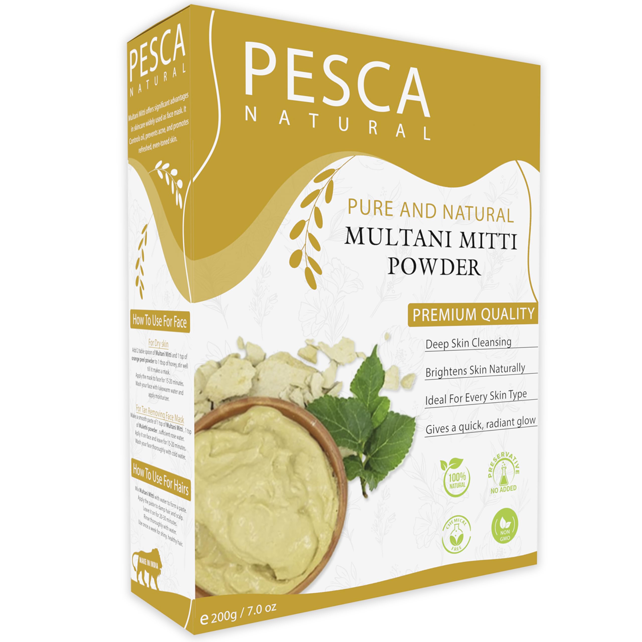 PESCA 100% Natural Multani Mitti powder for Exfoliating, Soothing, Nourishing, Smoothening Face, Skin and Hair Fuller's Earth, Bentonite Clay (200 Grams)