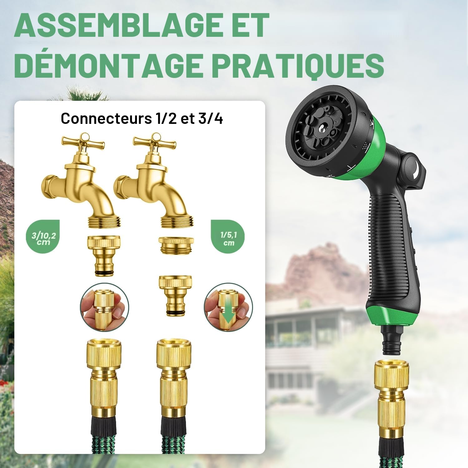 Tuyau Arrosage Extensible 30m/100ft, Disdarkday Tuyau D’arrosage Extensible avec 1/2" et 3/4" Adaptateurs, 10 Modes d'Arrosage, Latex Triple Épaisseur Durable avec Raccords et Sac, Vert