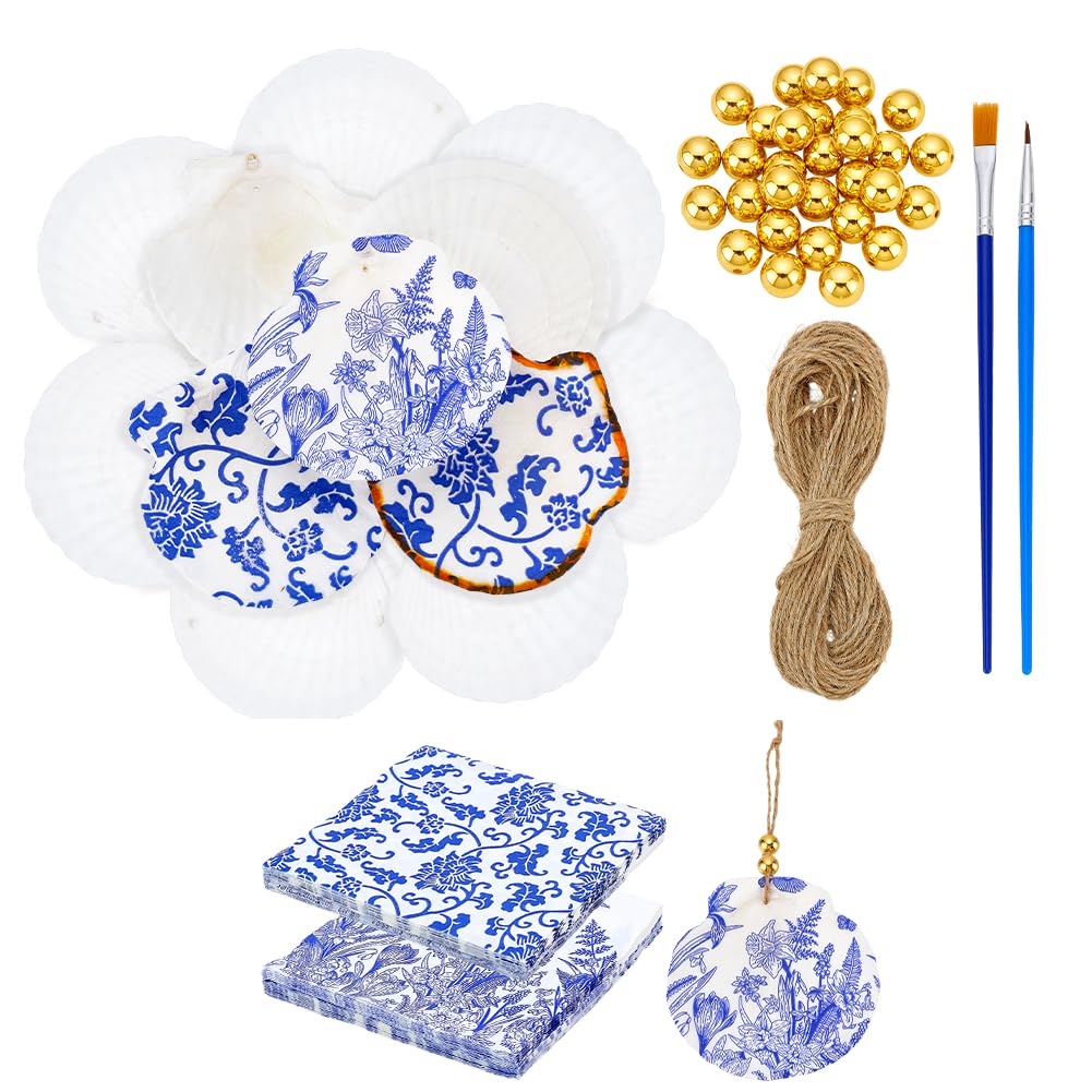 PH PandaHall 12 Set Scallop Shells Decoupage Kit, White Natural Large Shells with 24pcs Decoupage Paper 10m Cord 2pcs Paint Brush 30pcs Gold Bead Seashell Painting Kit for DIY Crafts Tray Decor Making