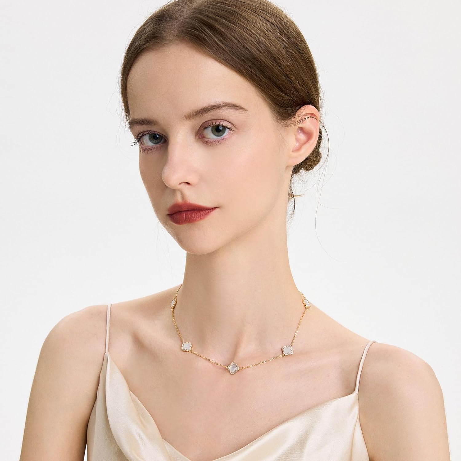 COBI Dainty 4 Leaf Clover Necklace,18K Gold Plated Mother of Pearl & Cubic Zirconia, 16" Chain with 2" Extender, Available in Single Pendant or Multi Station Styles - Image 5